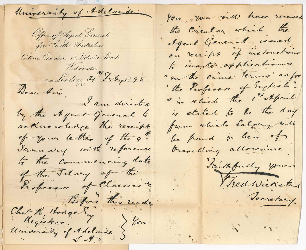 Thomas Playford - Agent General for SA - 15 Victoria Street Westminster - Received letter 9th January and re circular of particulars Classical Professorship