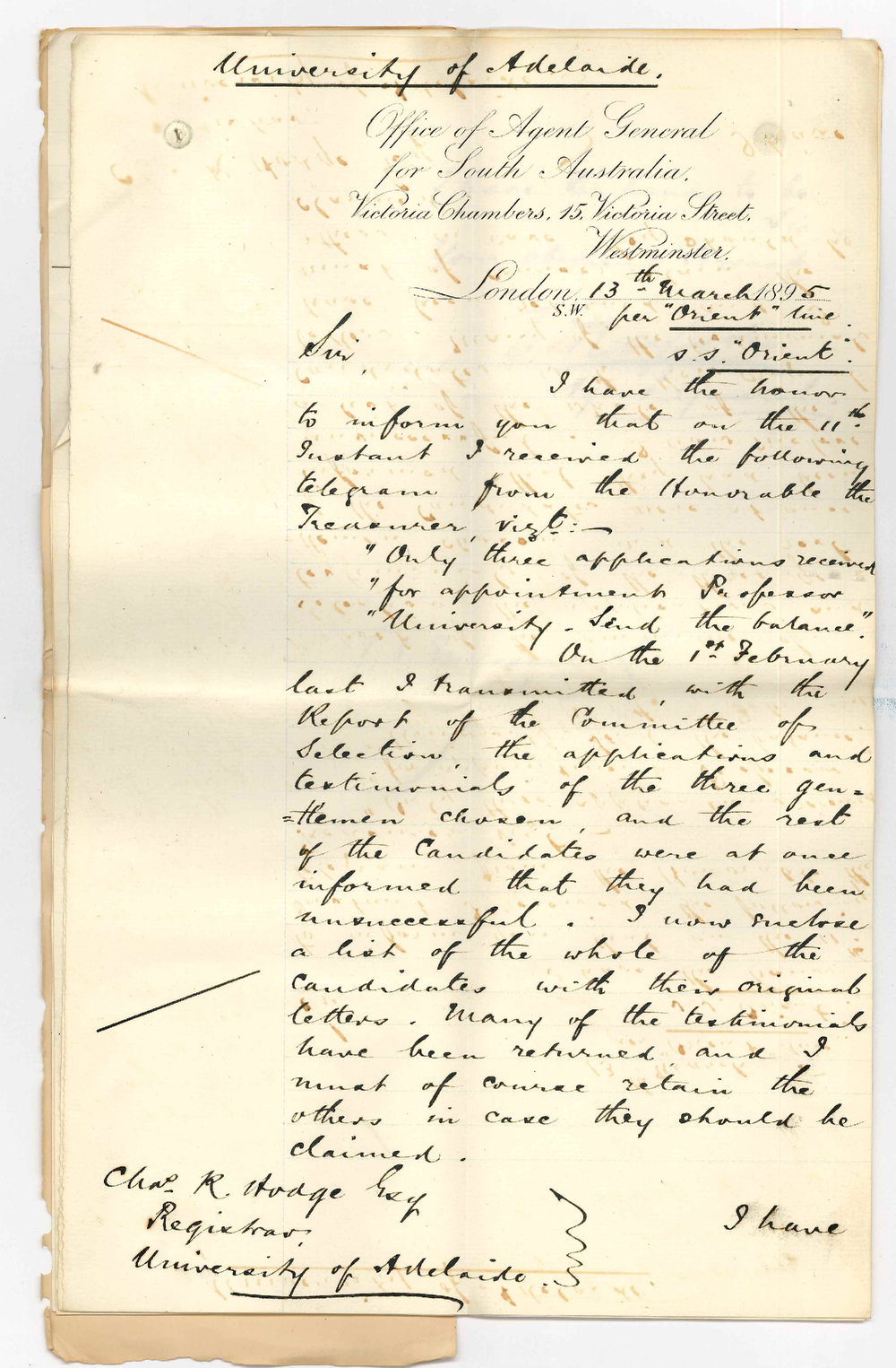 Thomas Playford - The Agent General - Victoria Street Westminster London - Forwarding remainder of applications Hughes Professorship Classics