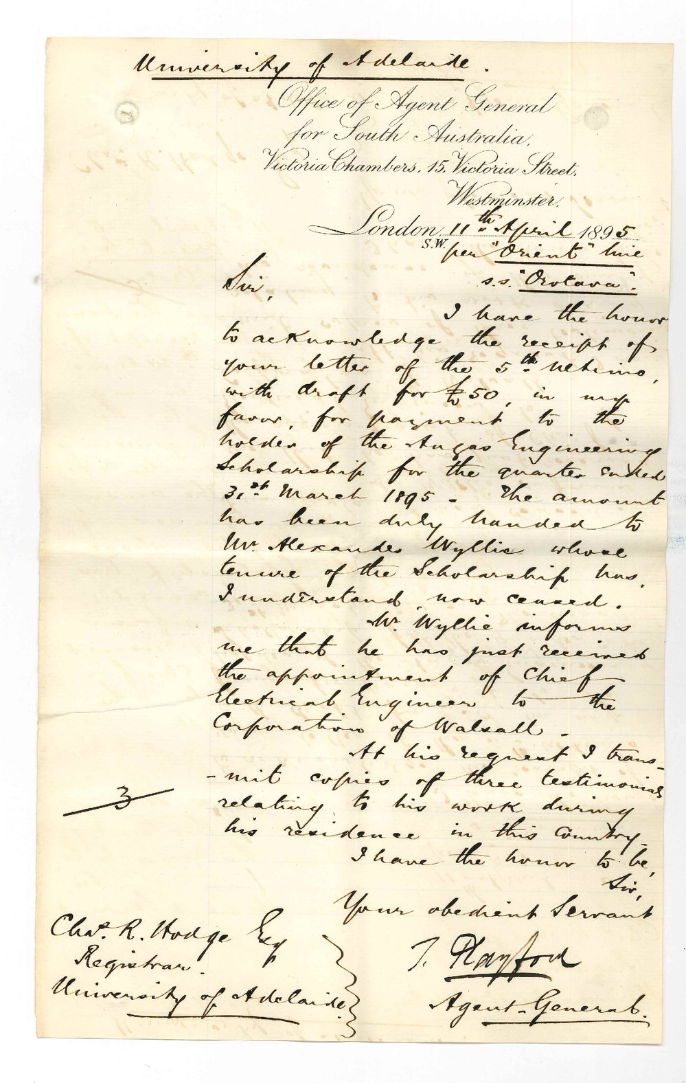 Thomas Playford - The Agent General - Victoria Street Westminster London - Received draft &pound;50 - Alexander Wyllie expiration of scholarship