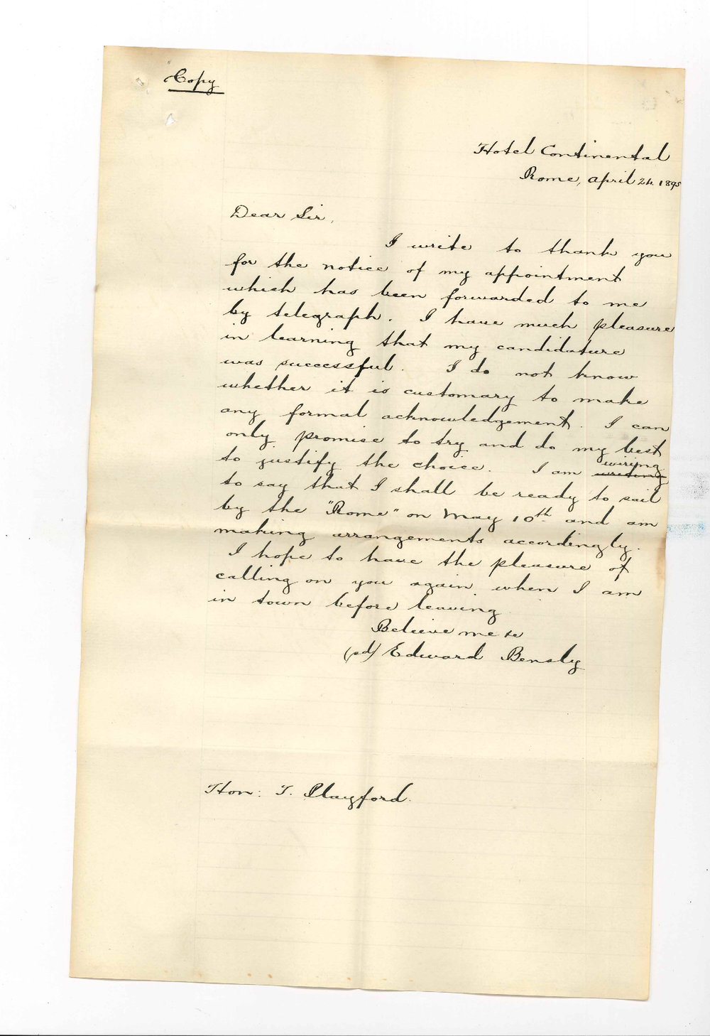 Thomas Playford - The Agent General - Victoria Street Westminster London - Edward Bensley's acceptance of Classical Professorship