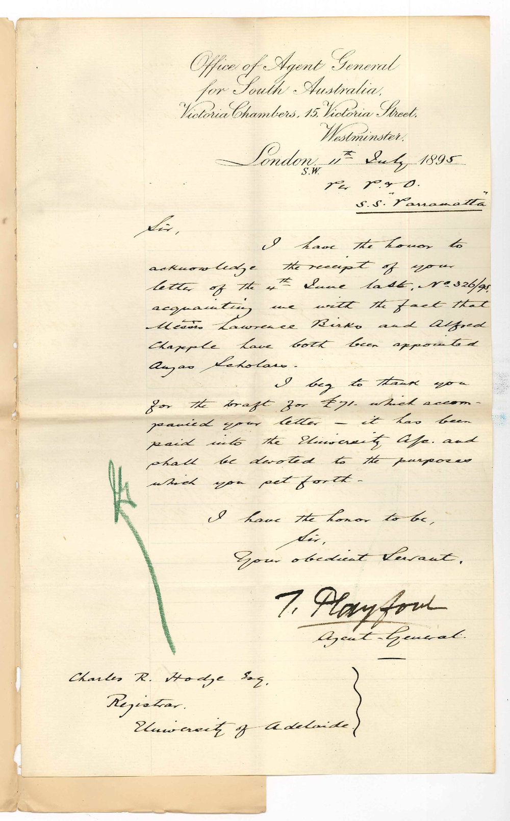 Thomas Playford - The Agent General for SA - Victoria Street Westminster London - Received draft &pound;71