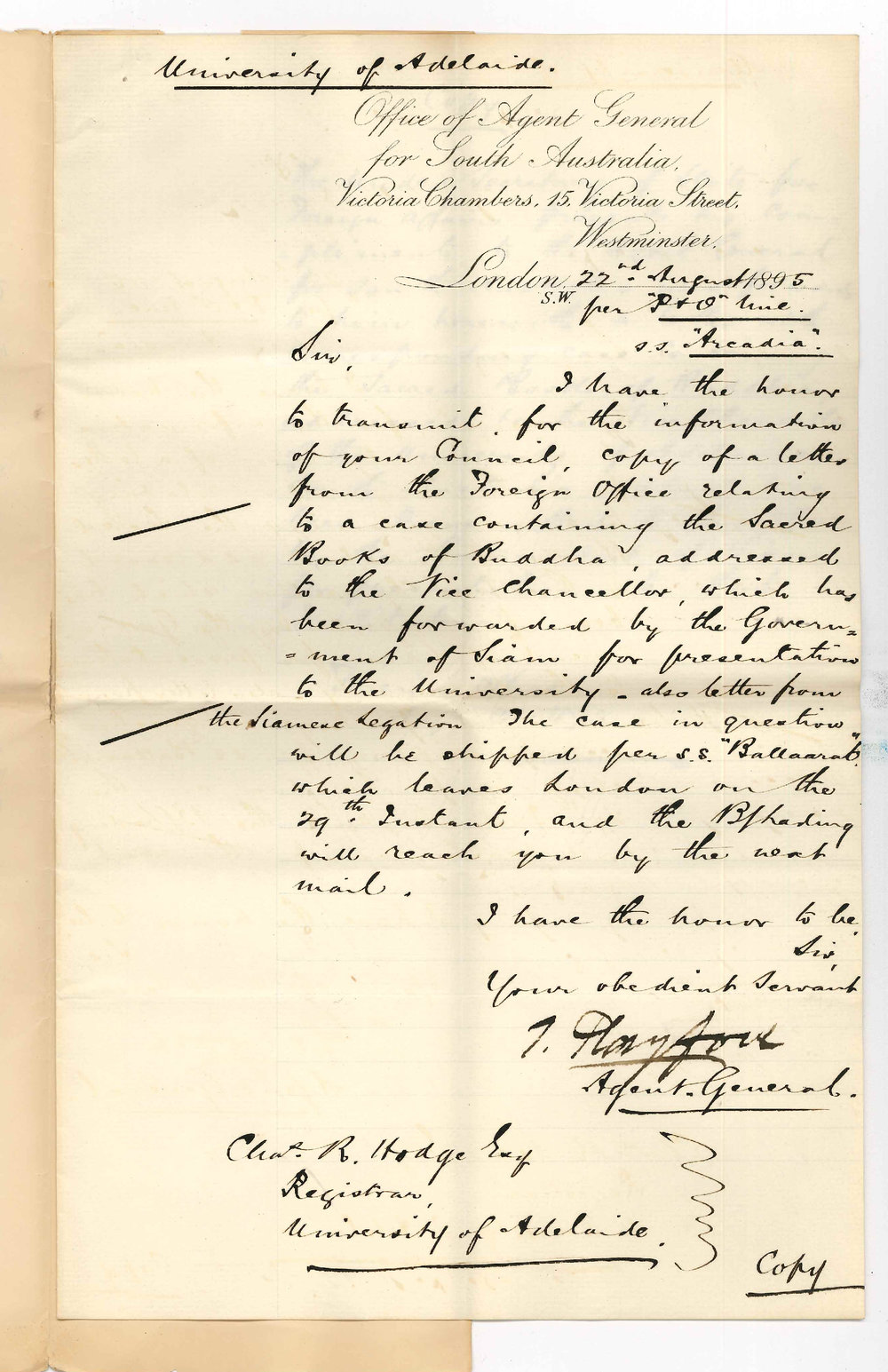 Thomas Playford - The Agent General - London - Re case of Sacred Books of Buddha