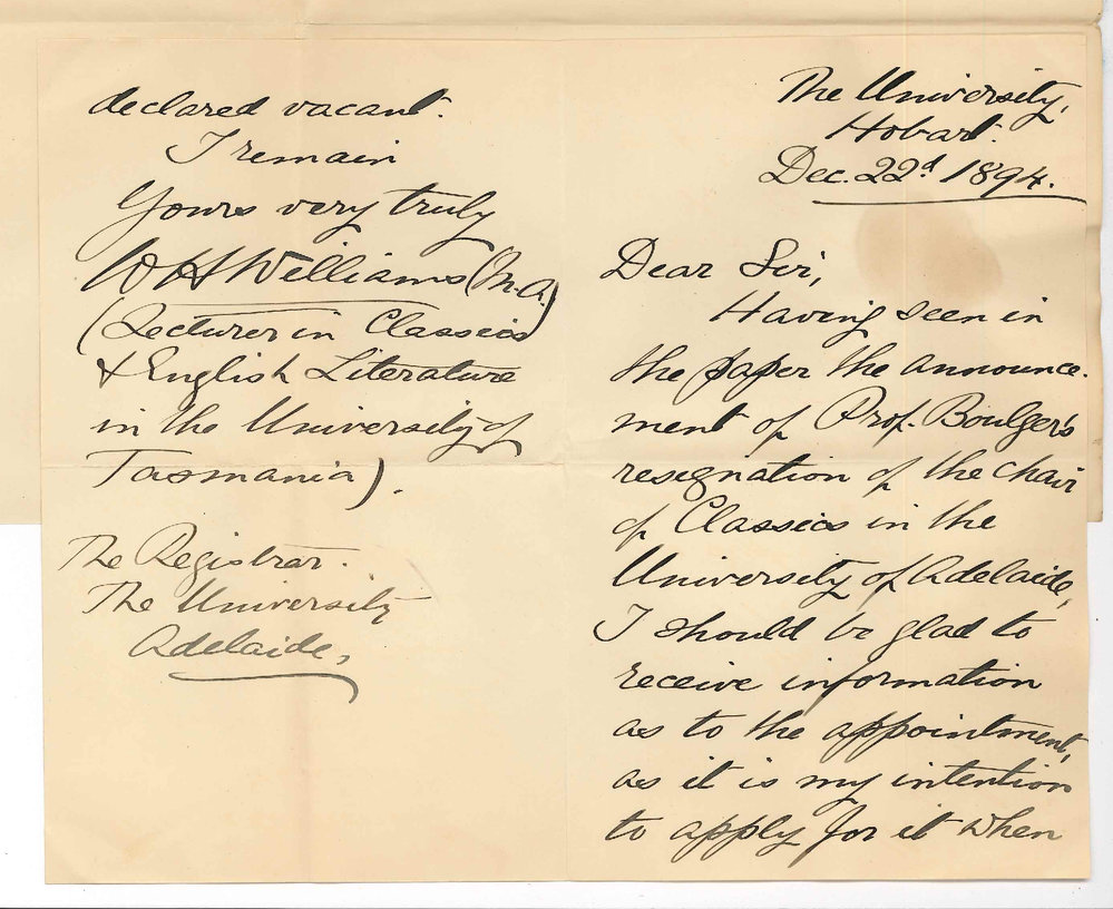 W H Williams MA - Hobart - Classical Chair particulars of