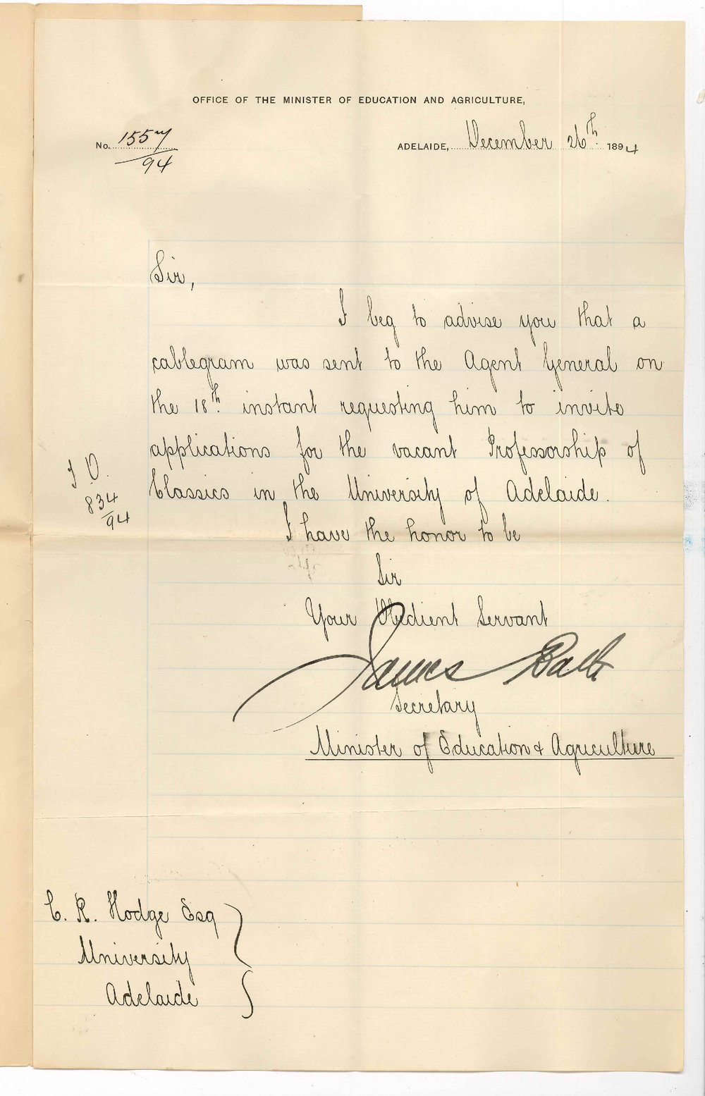 James Bath - Minister of Education and Agriculture - Adelaide - Applications Invited for Vacant Classical Professorship