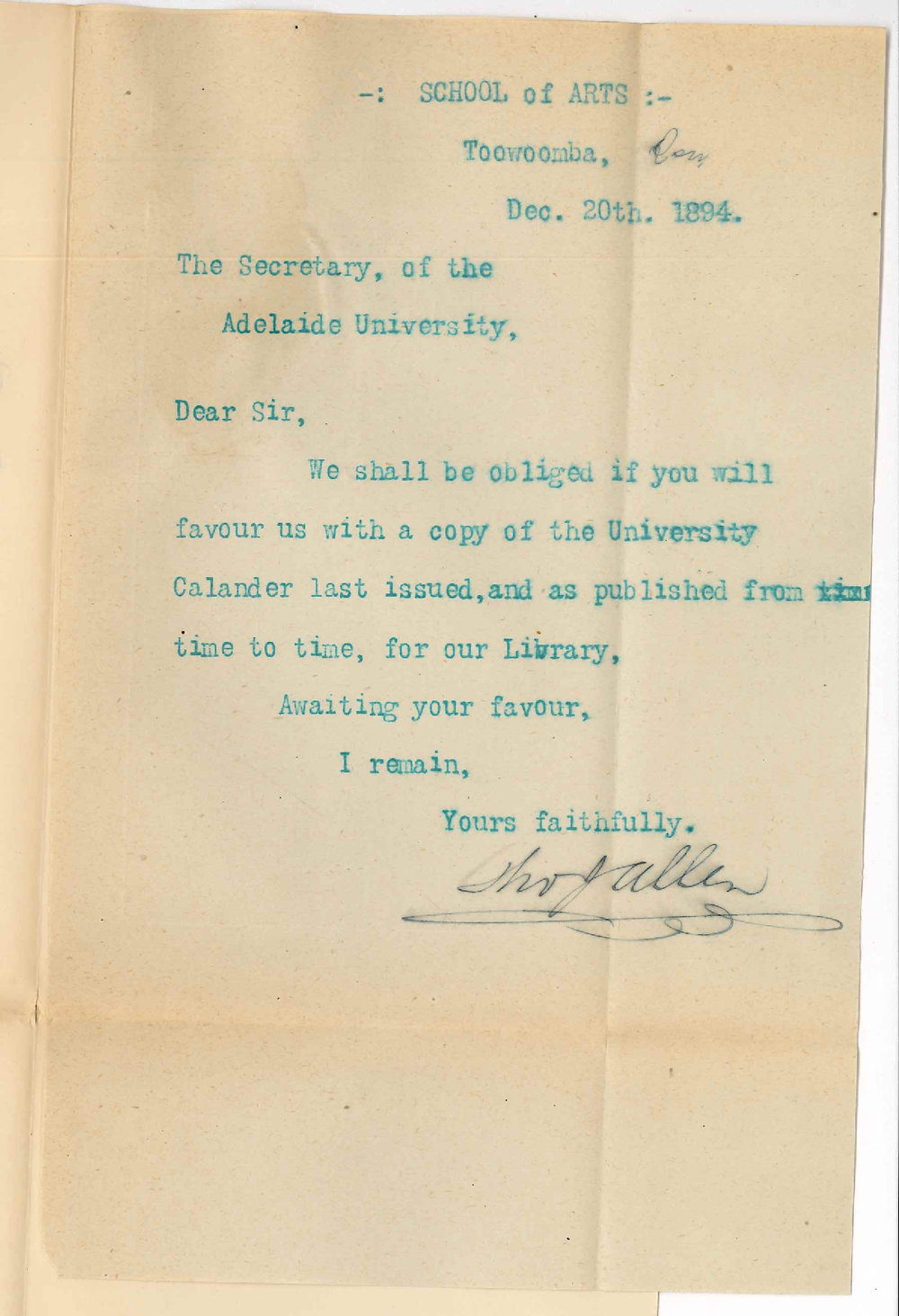 Thomas J Allen - School of Arts Toowoomba - Request for Calendar