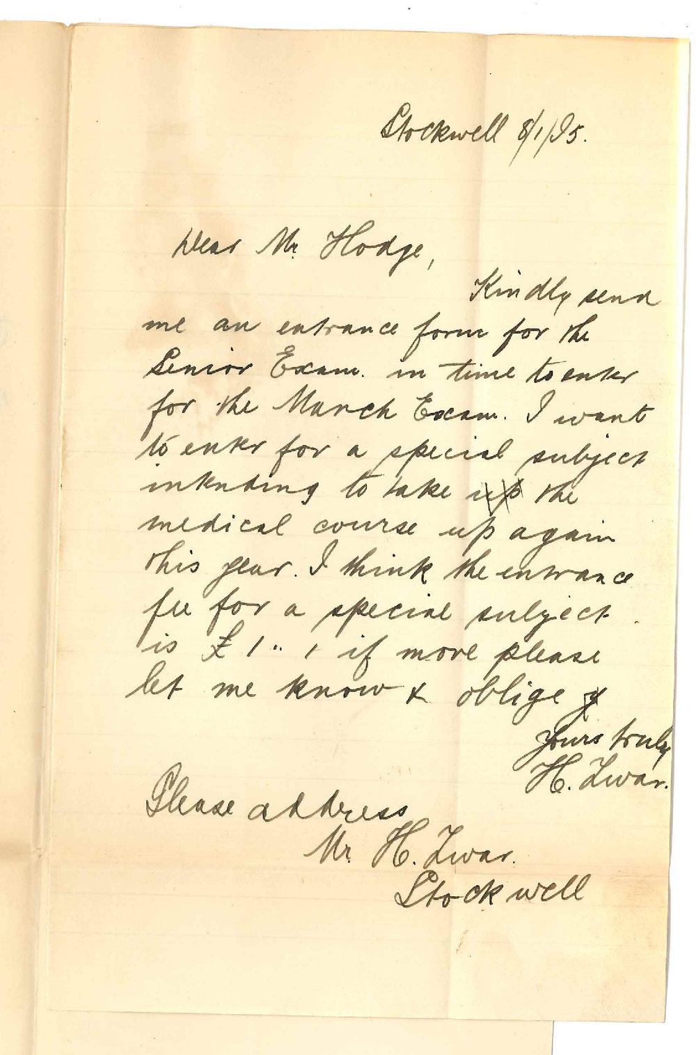Herman Zwar - Stockwell - Request for form Special Senior Exam in March