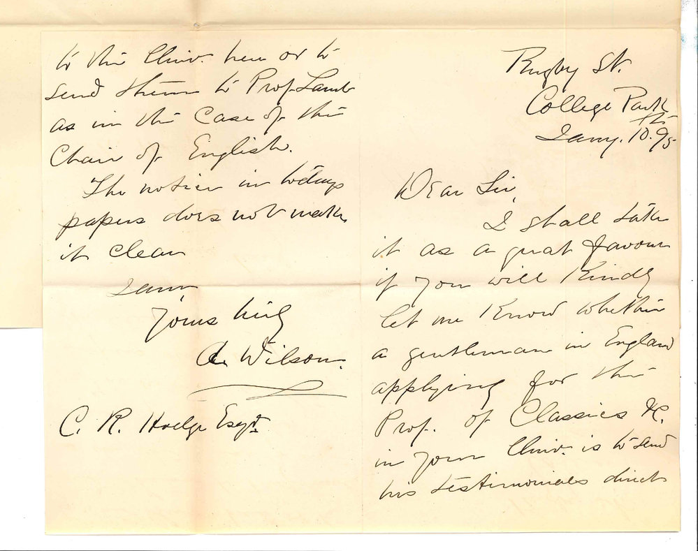 A Wilson - Ruby Street College Park - Information wanted re English applicants for Classical Professorship