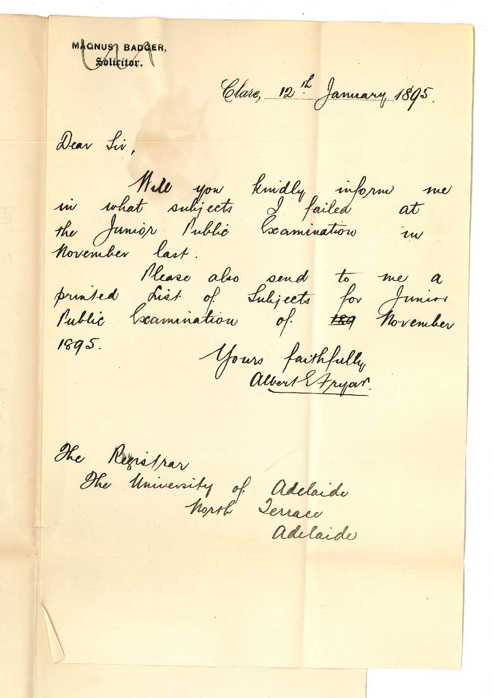 Albert E Fryar - Clare - Asking in what subjects he failed in Junior Public November 1894 and request for particulars of Junior Public November 1895