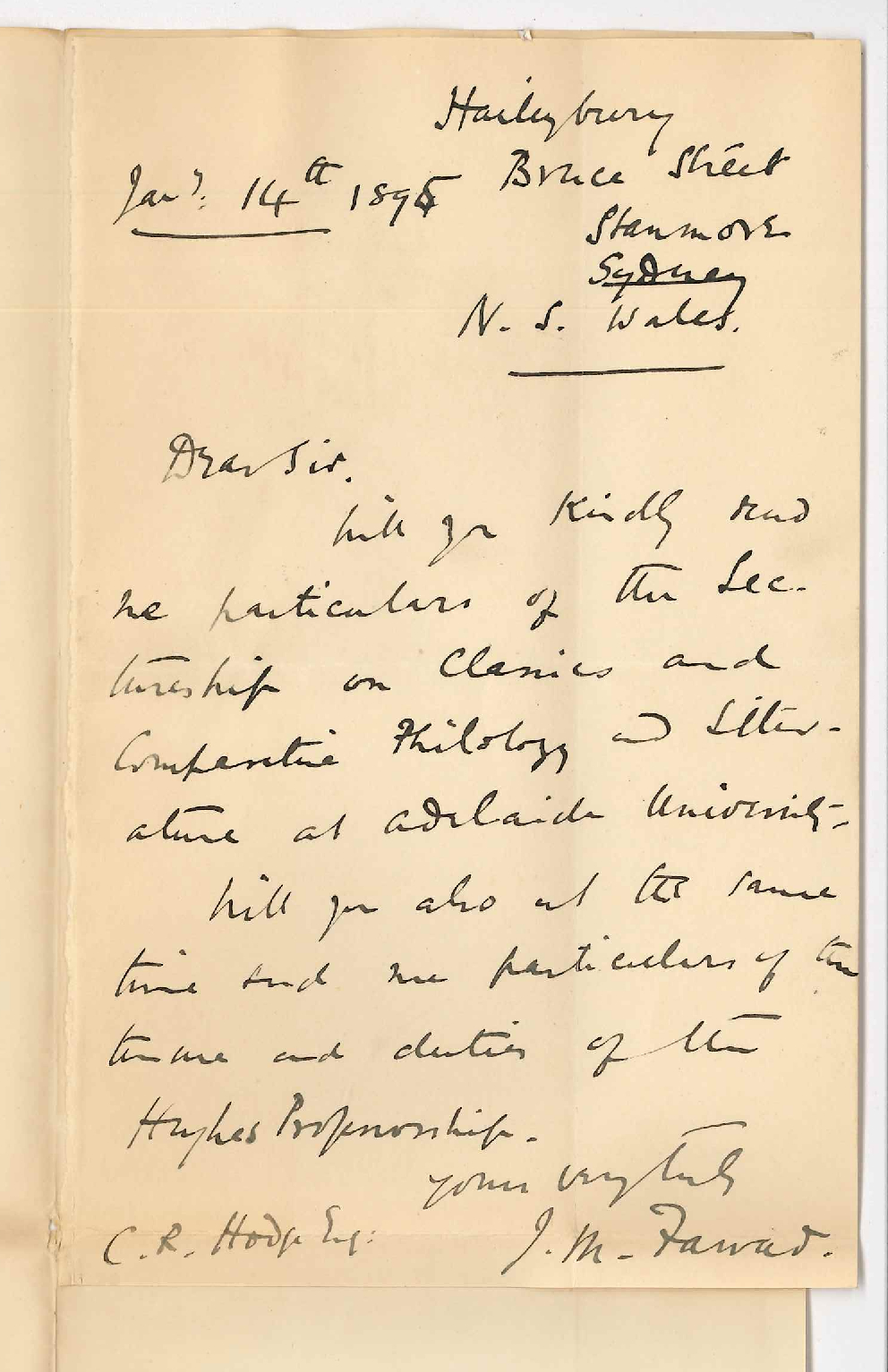 J M Farrar MA - Bruce Street Stanmore Sydney NSW - Asking for particulars of Lectureship on Classical and Comparative Philology and Literature Hughes Professorship of same