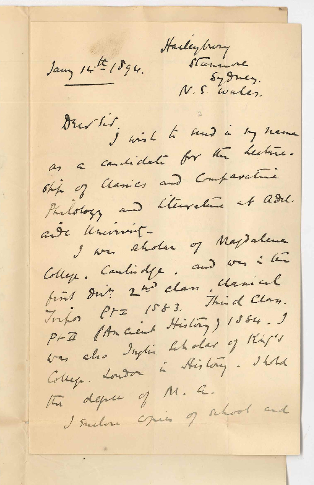 J M Farrar MA - Bruce Street Stanmore Sydney NSW - Application for Lectureship on Classics and Comparative Philology and Literature for March April May