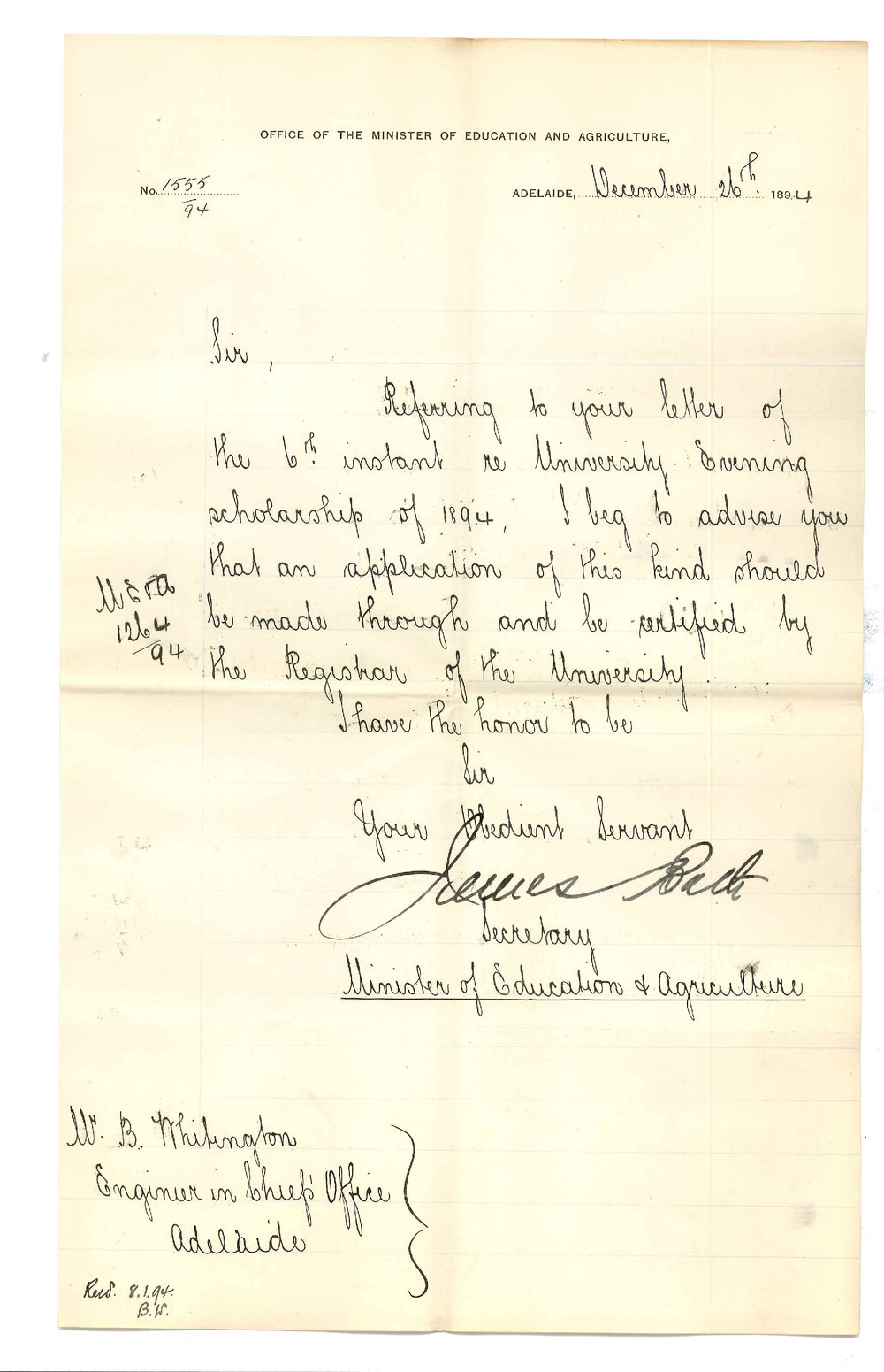 James Bath - B Whitington Engineer in Chiefs Office Adelaide - Request to send particulars of evening scholarship to Minister of Education