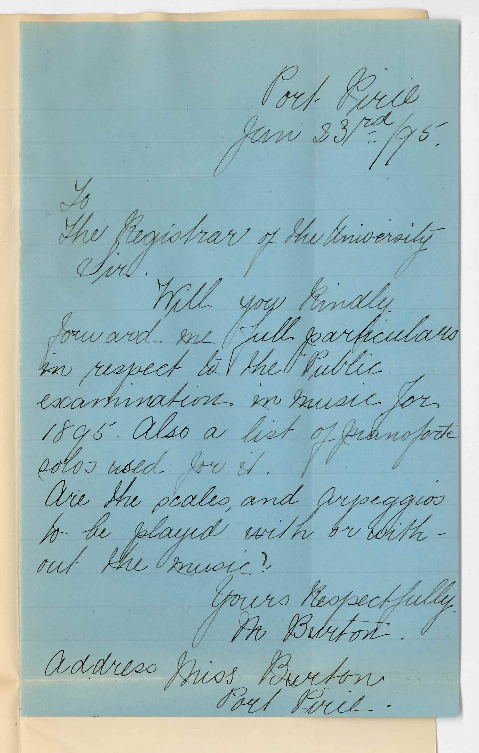 Miss Minnie Burton - Port Pirie - Asking for particulars of examination in Music for 1895