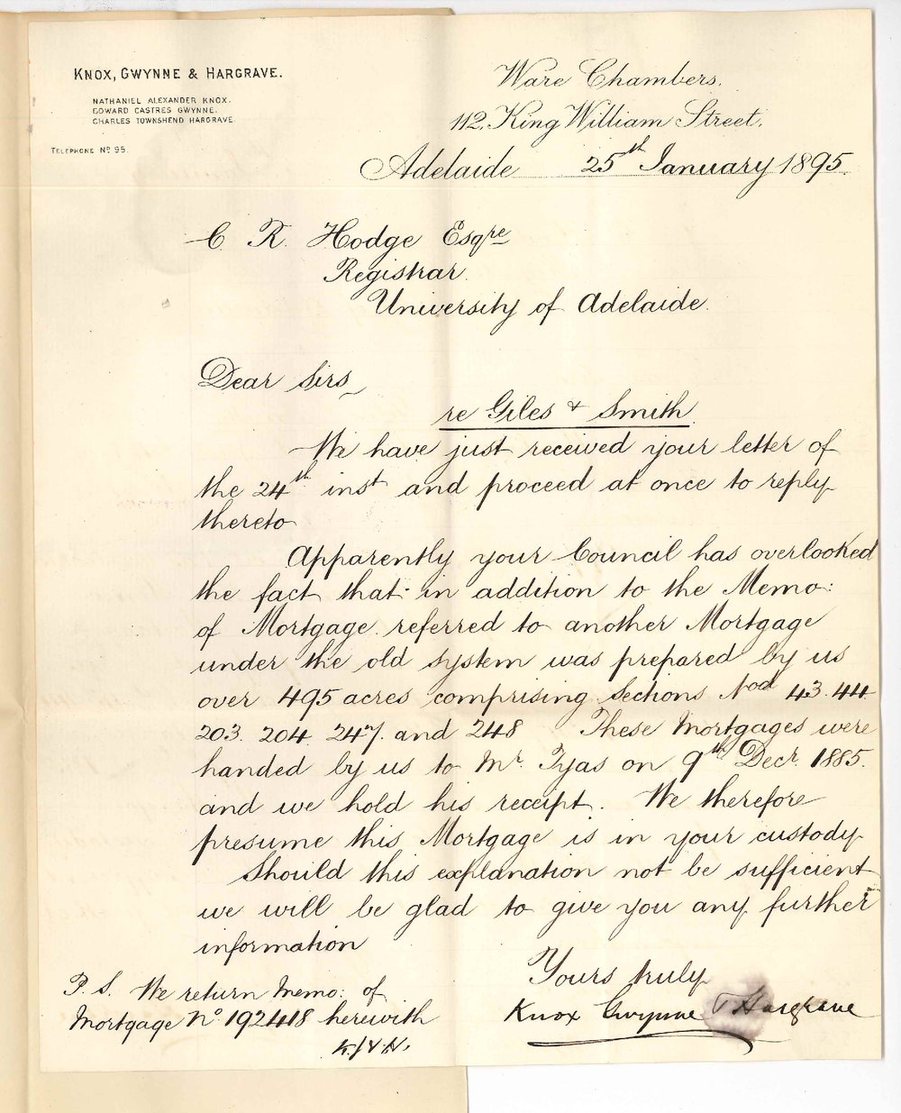 Messrs Knox Gwynne and Hargrave - Ware Chambers King William Street - Concerning Giles and Smiths Mortgage