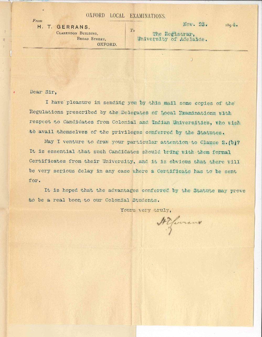 H T Gerrans - Clarendon Building Broad Street Oxford - Regulations forwarded re Colonial and Indian Candidates for Oxford Examinations