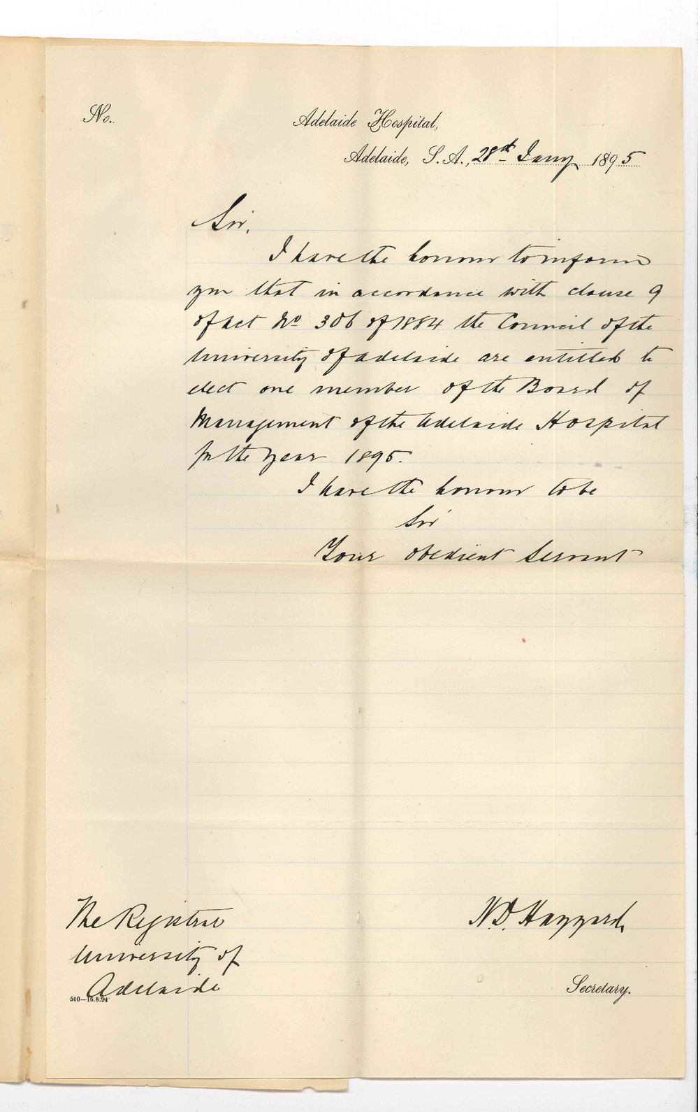 H D Haggard - Secretary of Adelaide Hospital - University entitled to elect one member of Hospital board for 1895