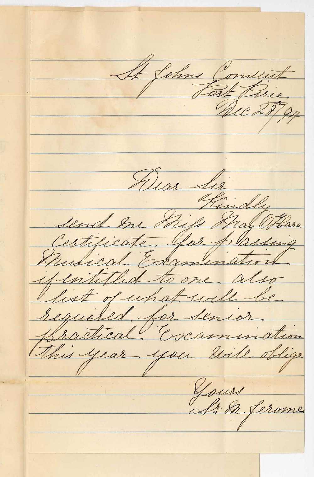 Sister M Jerome - St Johns Convent Port Pirie - Asking for Miss May OHares Music certificate also particulars of Senior Practice