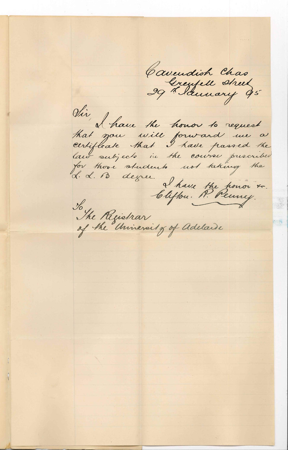Clifton R Penny - Cavendish Chambers Grenfell Street - Asking for certificate for having passed law examinations