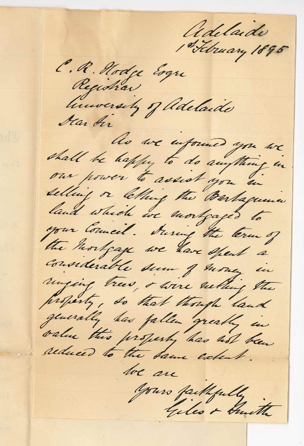Messrs Giles and Smith - Adelaide - Sale or lease of land at Bartagunya