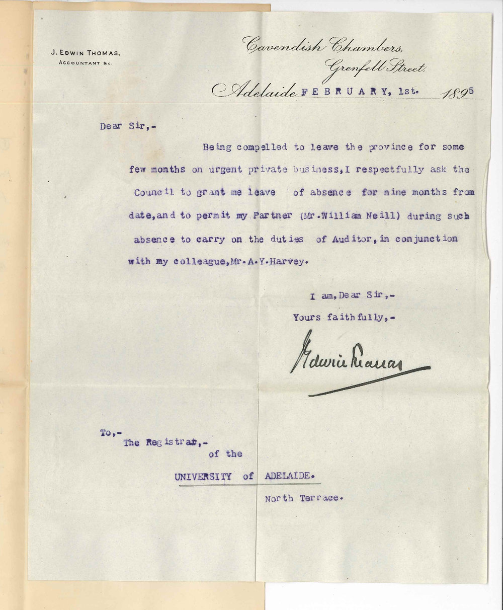 J Edwin Thomas - Cavendish Chambers Grenfell Street Adelaide - Asking for 9 months leave of absence and that his partner William Neill may take his place