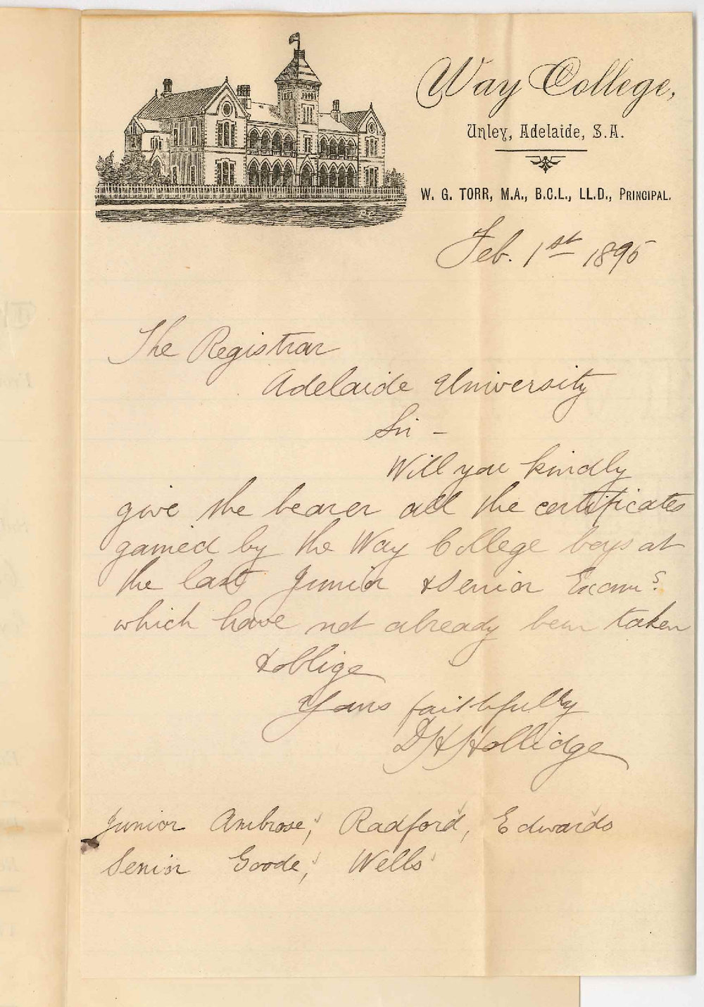 David Henry Hollidge - Way College Unley - Asking for certificates gained by Way College boys at last Junior and Senior Public Examinations