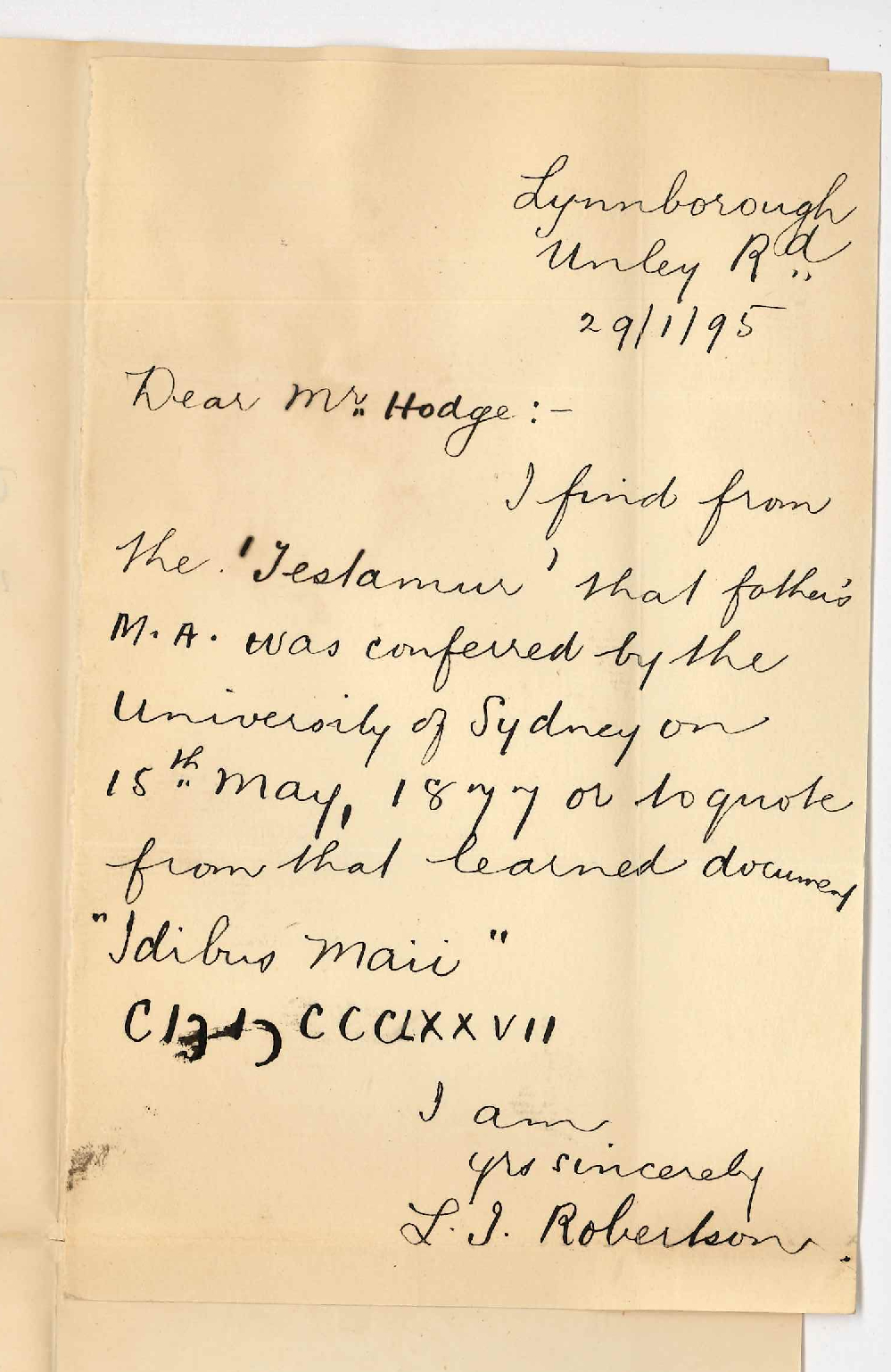 L J Robertson - Lynnborough Unley Road - Date of his Fathers taking the MA degree Sydney