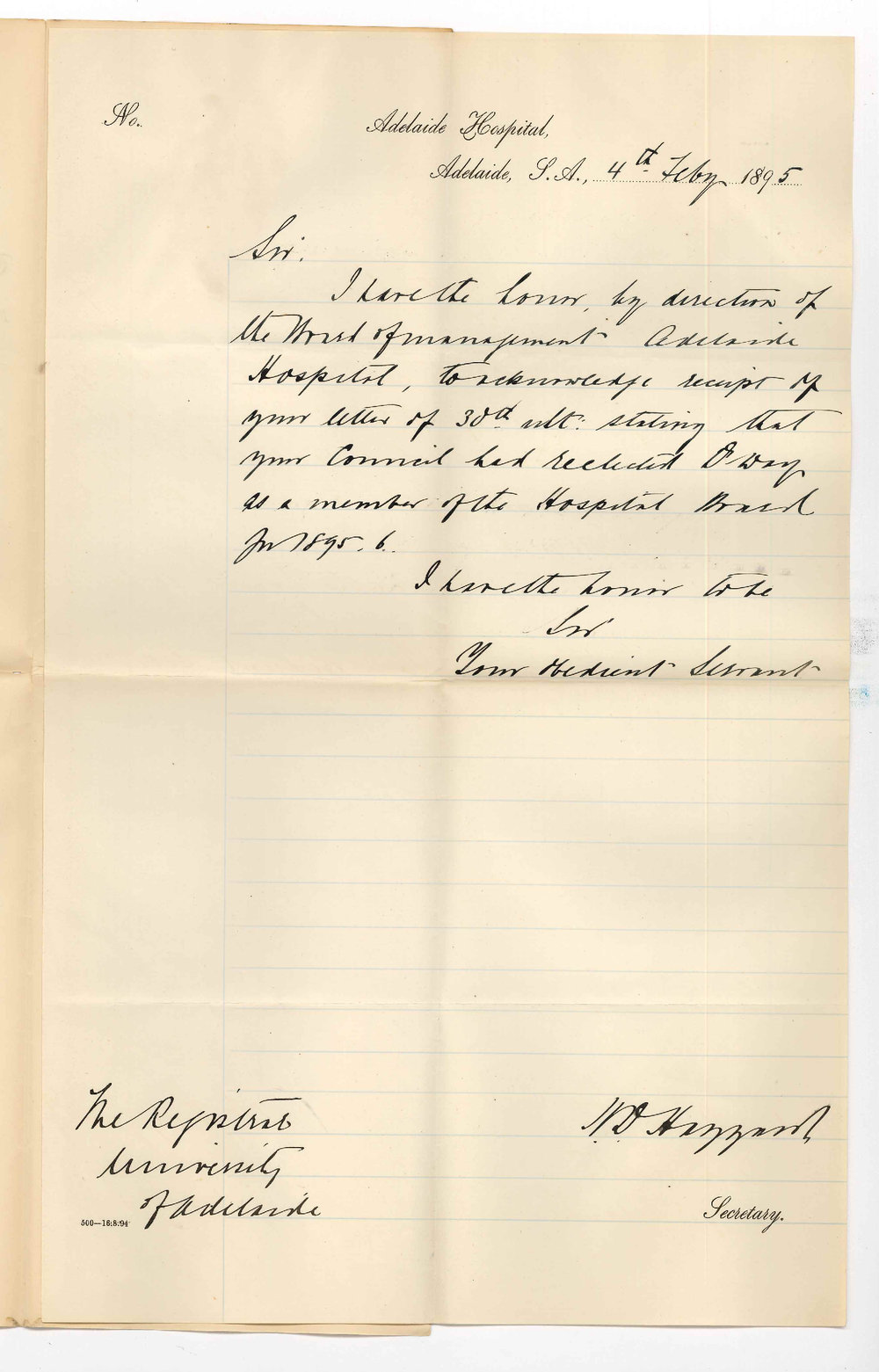 H D Haggard - Secretary - Adelaide Hospital - Acknowledgement of letter of 30th re Dr Way as member of board