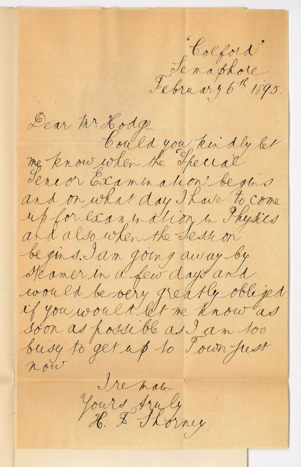 Herbert F Shorney - Colford Semaphore - Asking date of Physics in Special Senior and of commencement of session