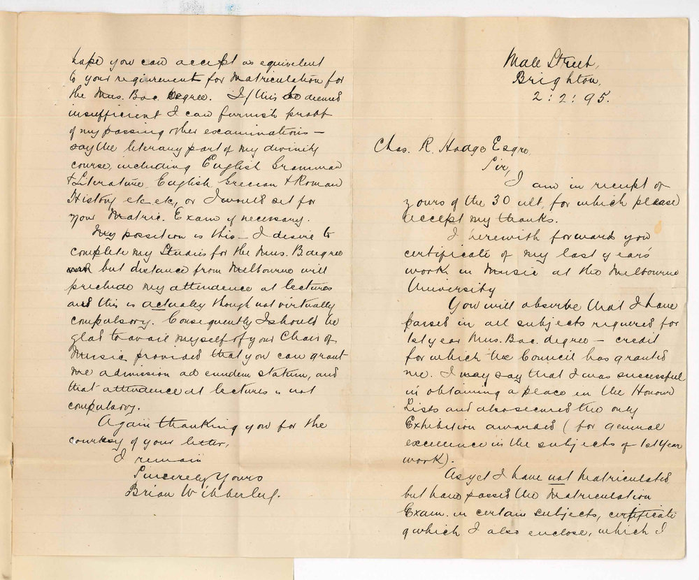 Reverend Brian Wibberley - Male Street Brighton Victoria - Re Matriculation and entering Mus Bac Course ad eundem stratum