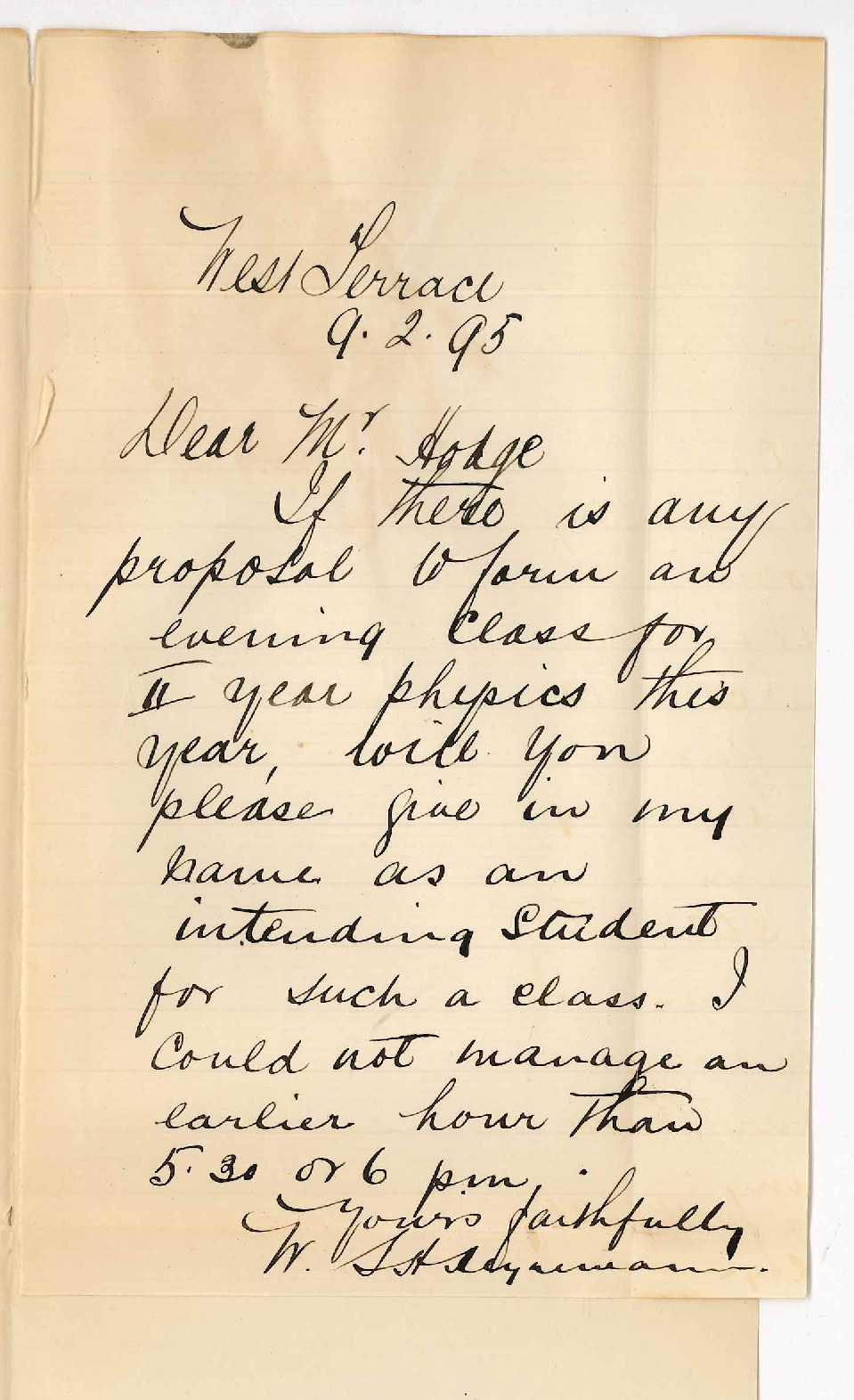 Wilhelmina S Heynemann - West Terrace Adelaide - Willing to join Physics evening class