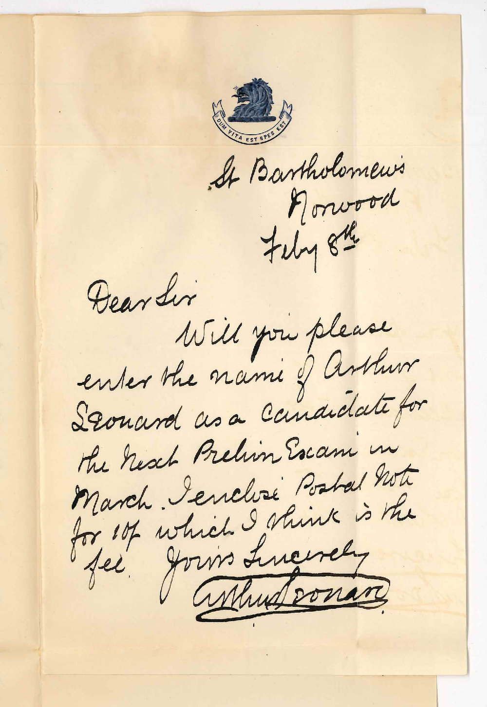 Arthur Leonard - St Bartholomews Norwood - Entering as Candidate for Preliminary in March