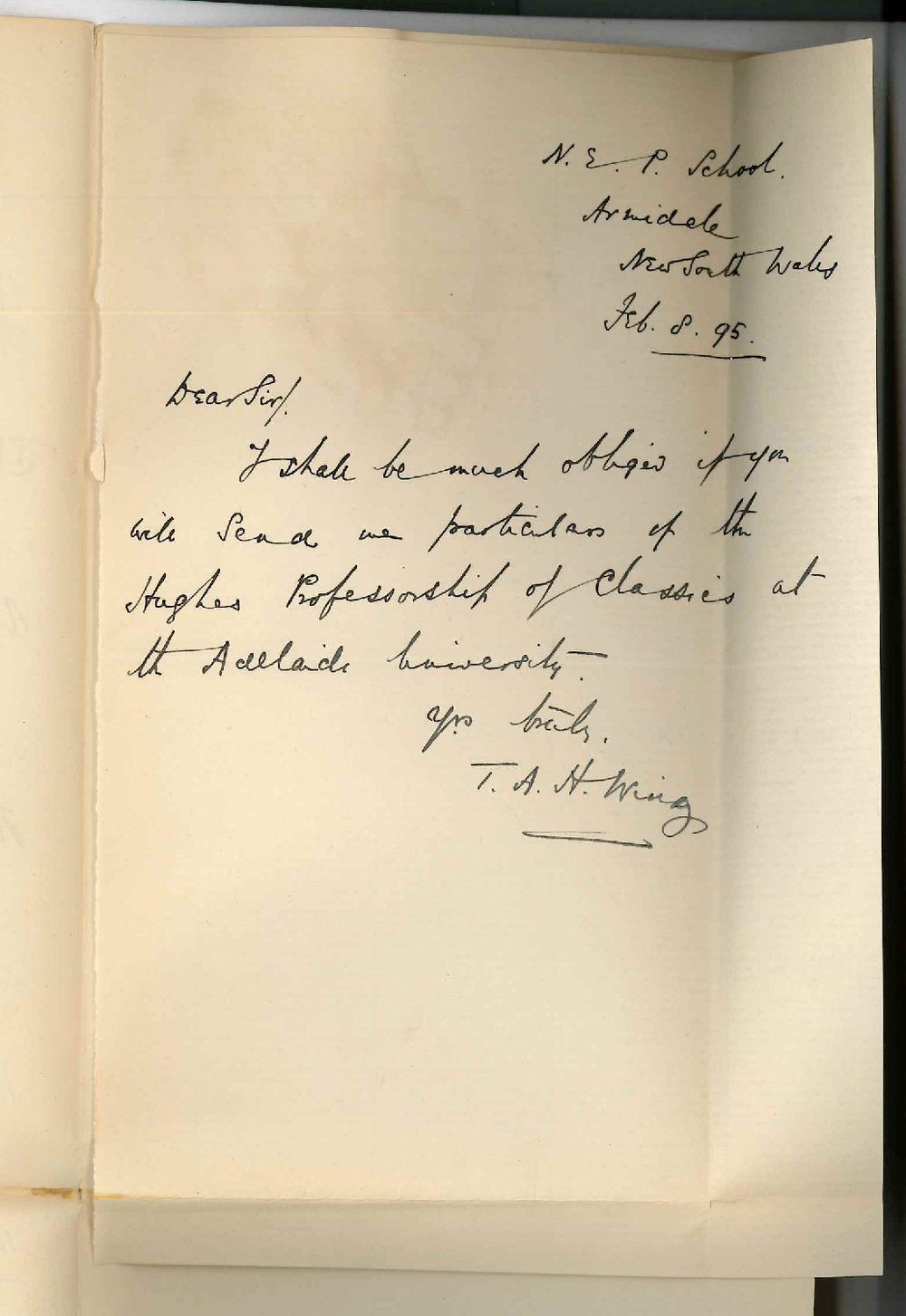 T A H Wing - NEP School Armidale NSW - Asking for particulars of Hughes Professorship