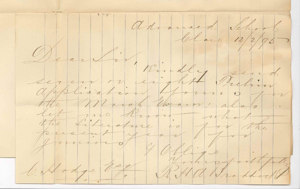 R H A Braddock - Advanced School Clare - Asking for 8 Preliminary entry forms and for particulars of Junior Public Exam