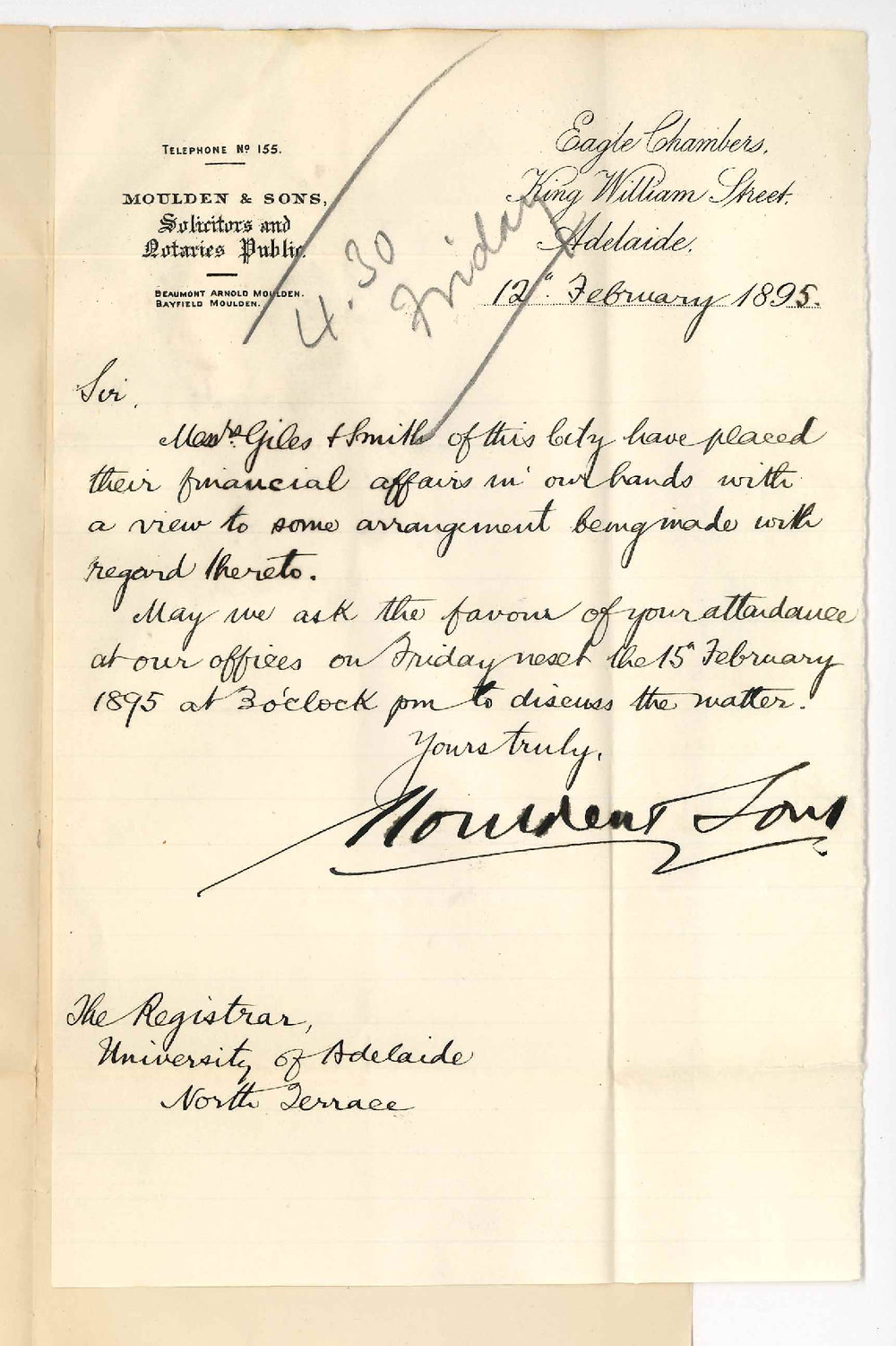 Moulden and Sons - Eagle Chambers King William Street Adelaide - Meeting of Messrs Giles and Smiths creditors on Friday 15th instant 3pm