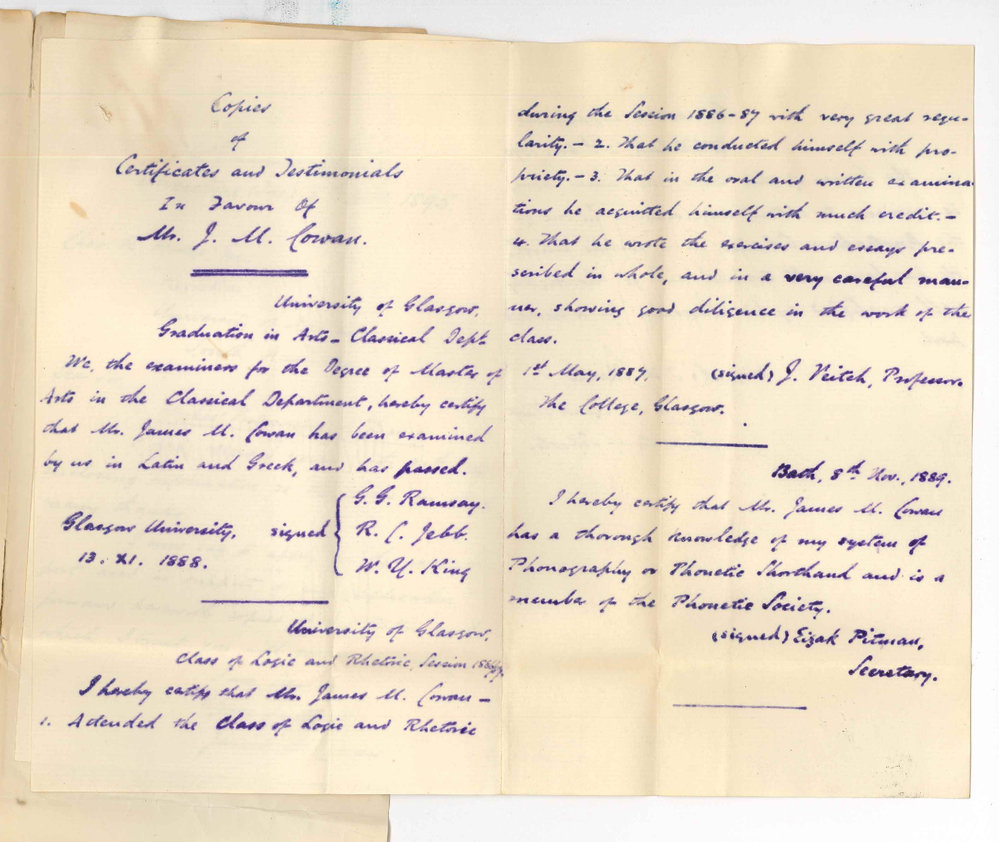 James M Cowan - Grammar School Ulverstone Tasmania - Application for Hughes Professorship of Classics