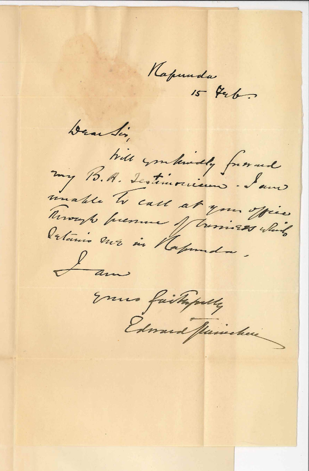 Edward J Minchin - Kapunda - Asking for return of BA certificate