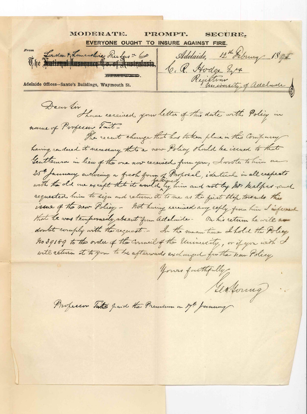 George Young - Secretary London and Lancashire Fire Insurance Company Waymouth Street - New Policy being issued to Professor Ralph Tate