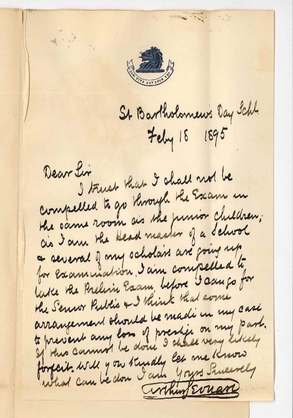 Arthur Leonard - St Bartholomews School Norwood - Asking to be examined in Preliminary apart from other candidates