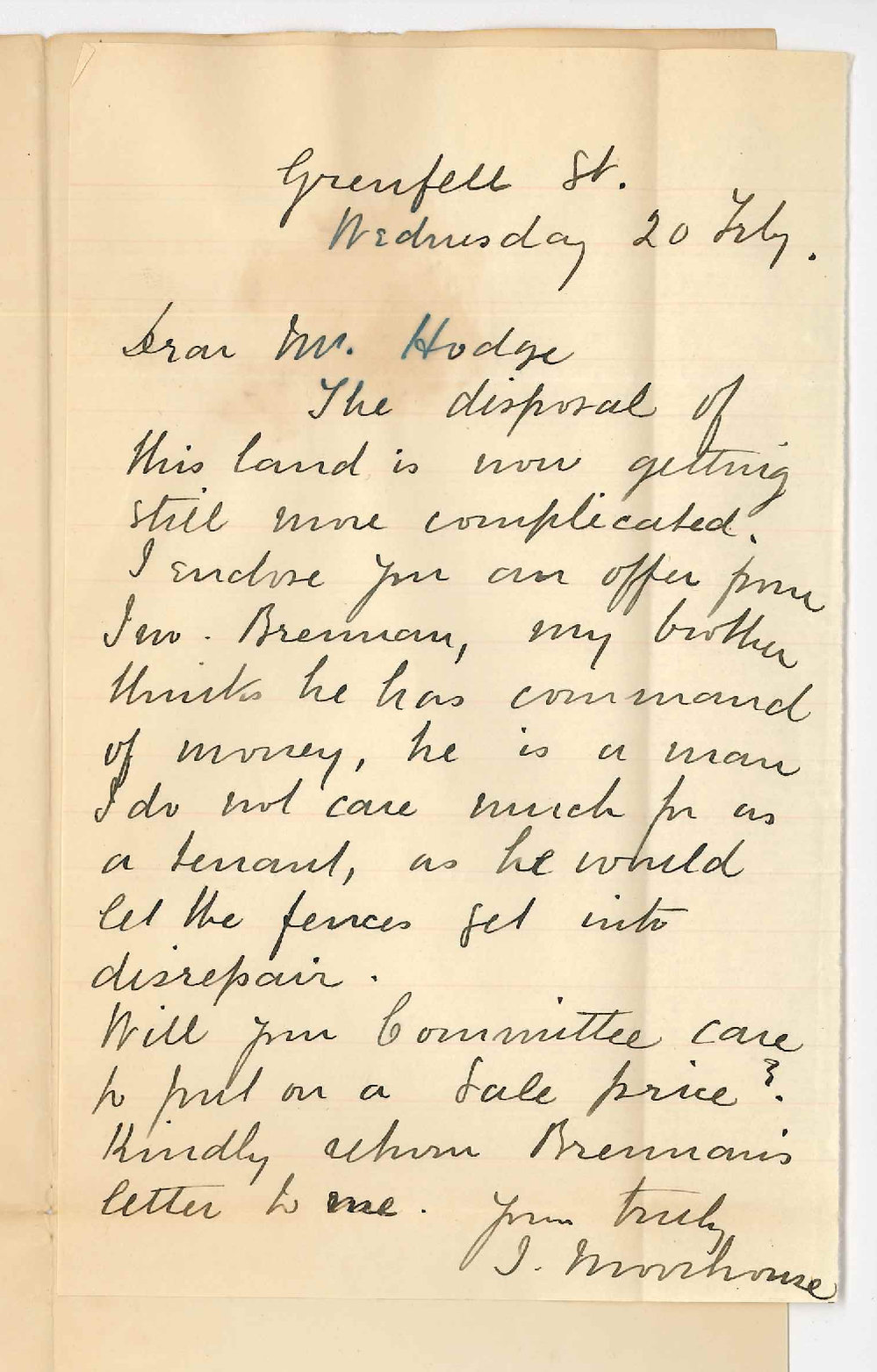 J Moorhouse - Tattersalls Club Grenfell Street Adelaide - Sale of Land at Bartagunia John Brennans offer