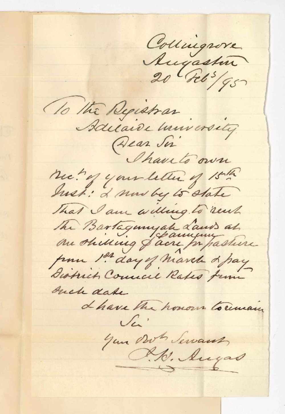 John Howard Angas - Collingrove Angaston - Willing to rent Bartagunia at 1/- per acre from 1st March