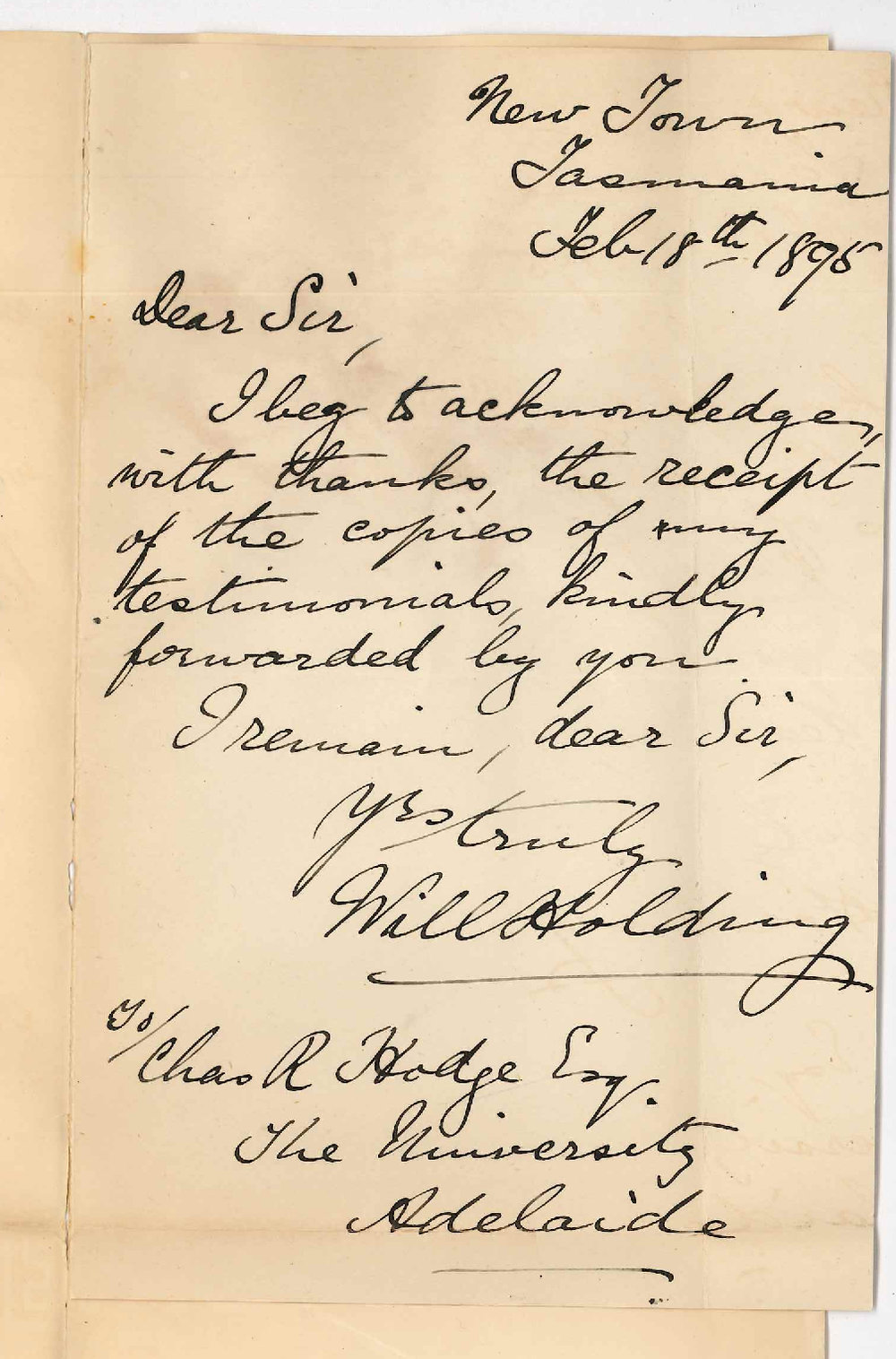 William Holding - New Town Tasmania - Acknowledging receipt of returned testimonials