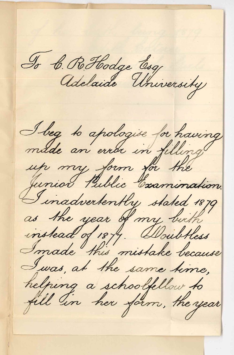 Edith Caterer - Advanced School for Girls - Adelaide - Apology for Error in Entrance Form for Junior Public Examination