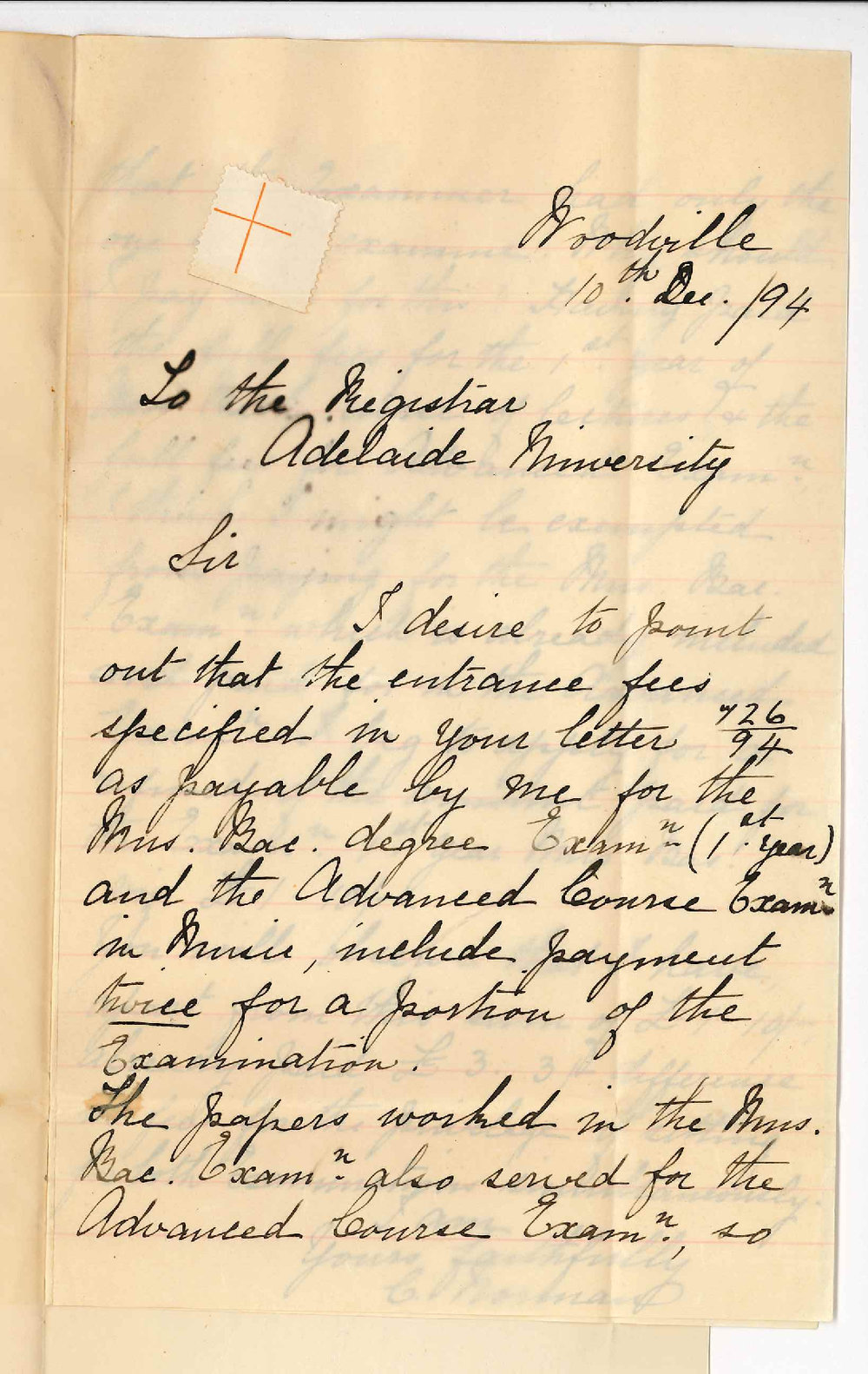Caroline Norman - Woodville - Regarding Payment Twice of Fees for Portion Music Bachelor Examination