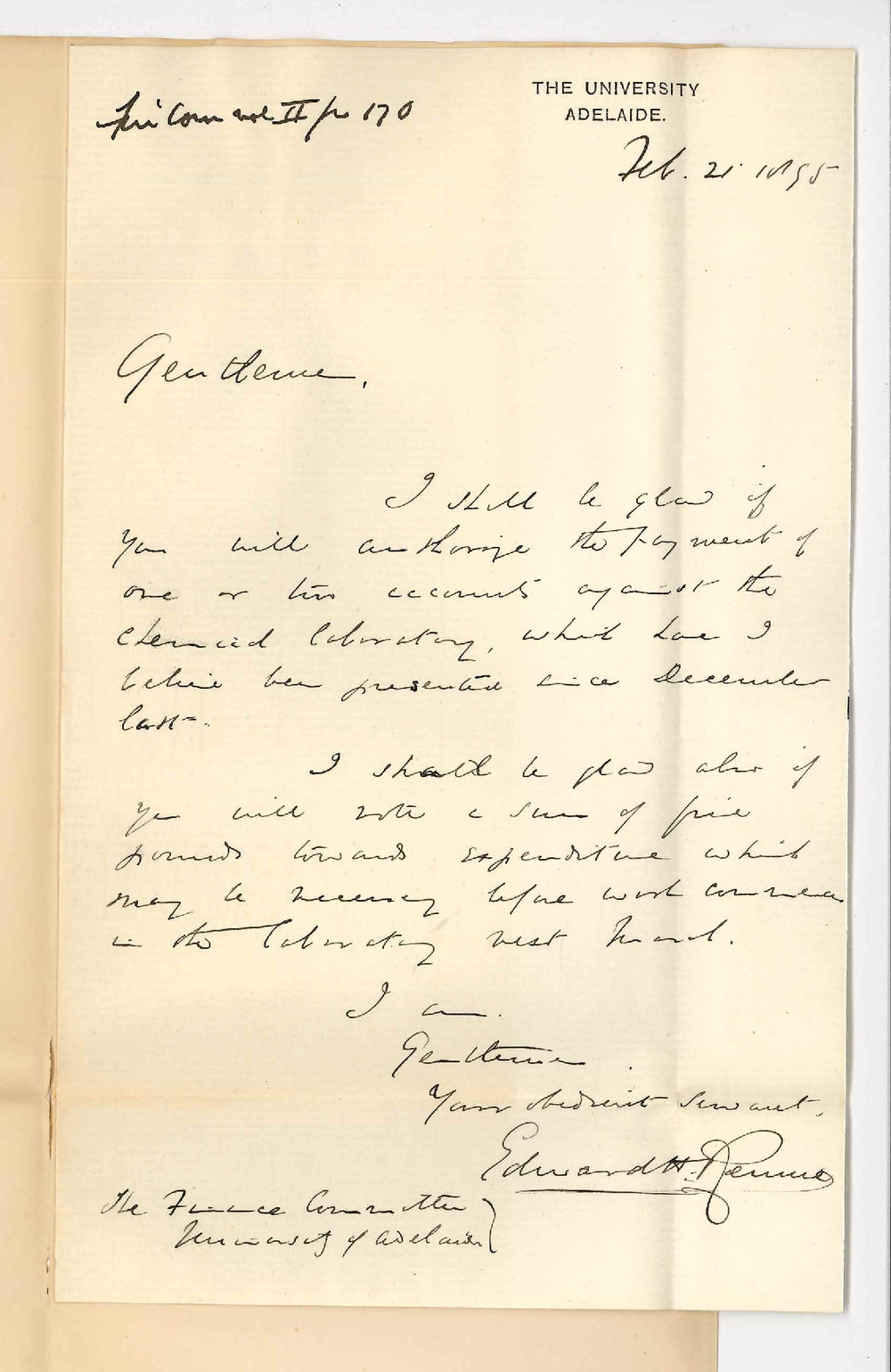 Professor Edward Henry Rennie - The University - Authorizing payment of chemical laboratory accounts