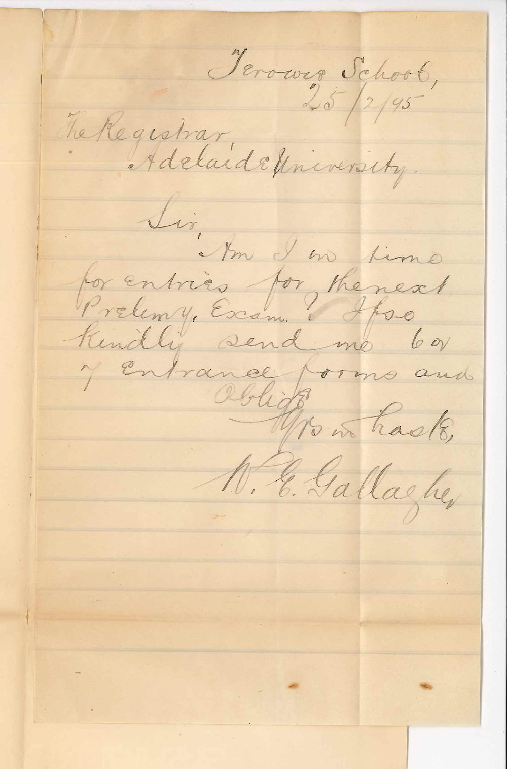 William Edward Gallagher - Terowie School - Asking when is last day of entry for Preliminary
