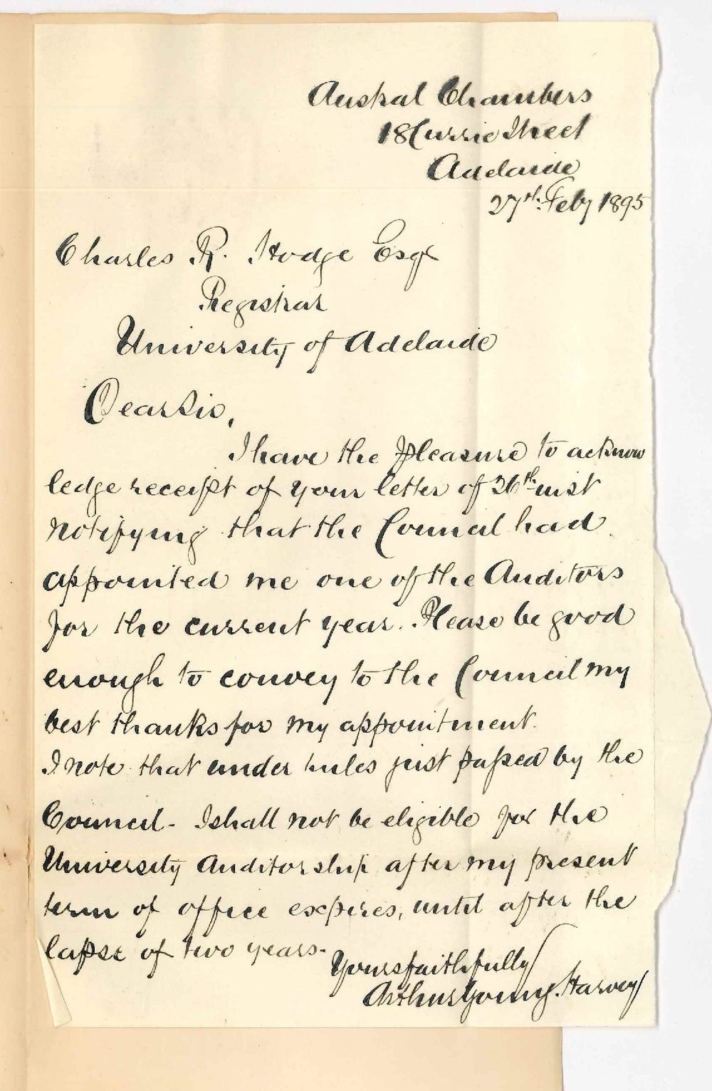 Arthur Young Harvey - Austral Chambers Currie Street Adelaide - Thanking Council for appointment as Auditor for 1895