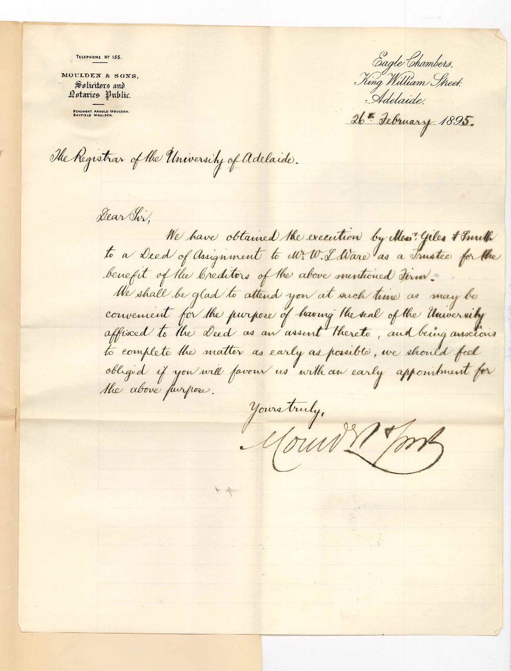 Moulden and Sons - Eagle Chambers King William Street Adelaide - Giles and Smiths Deed of Assignment to have University seal