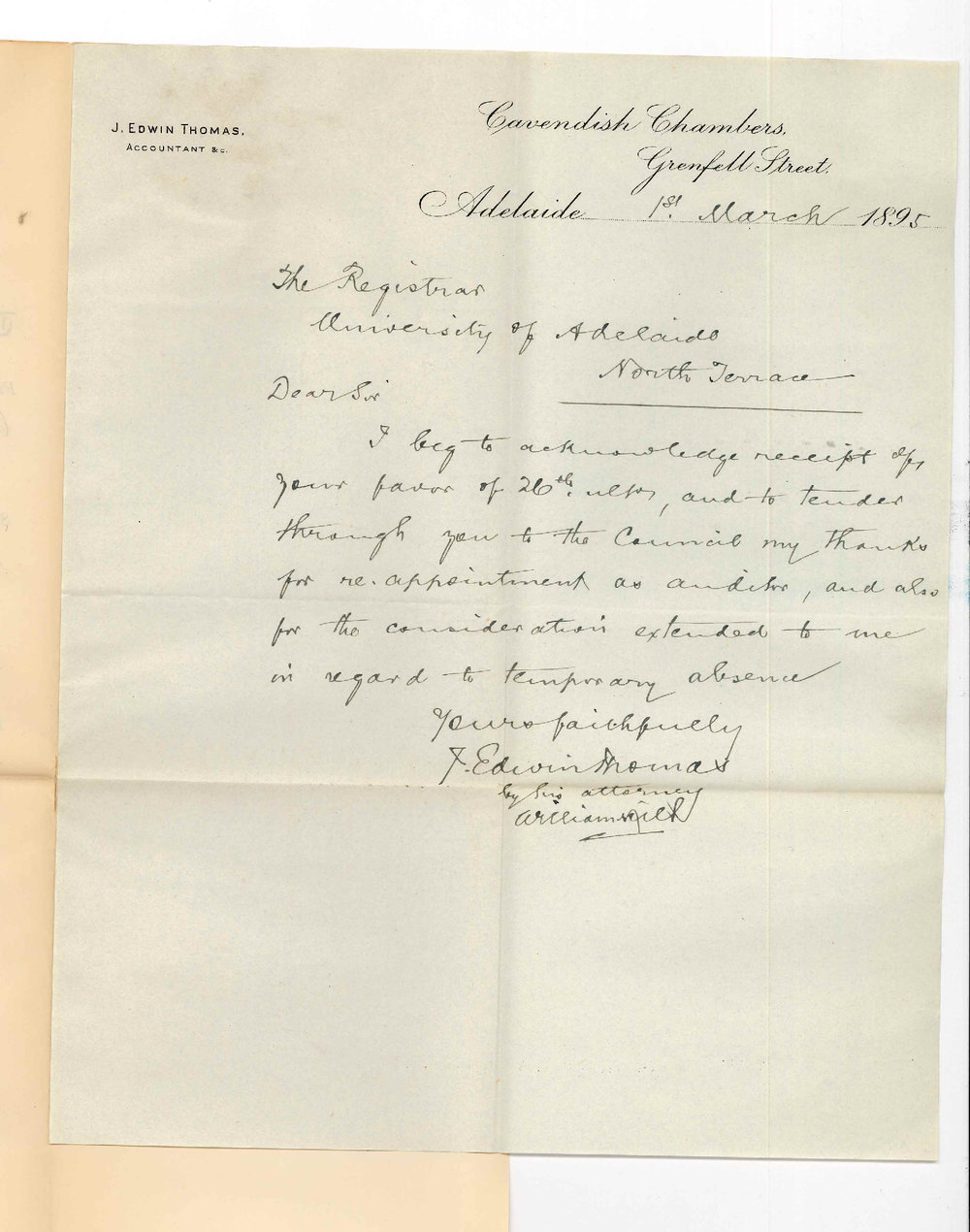 J Edwin Thomas - Cavendish Chambers Grenfell Street Adelaide - Thanking Council for reappointment as Auditor