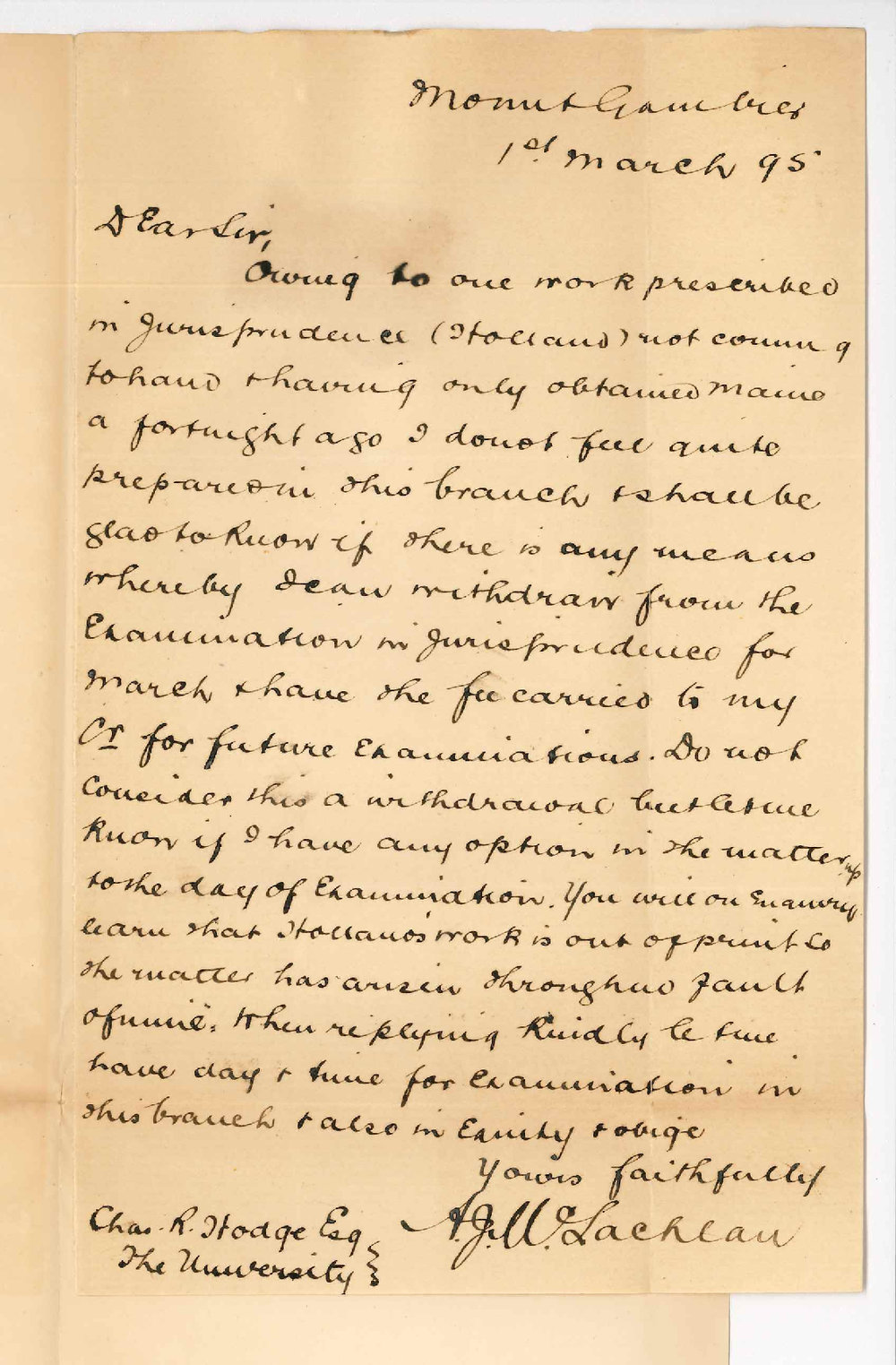 A J McLachlan - Mount Gambier - Inquiring re means of withdrawing from Jurisprudence in LLB in March
