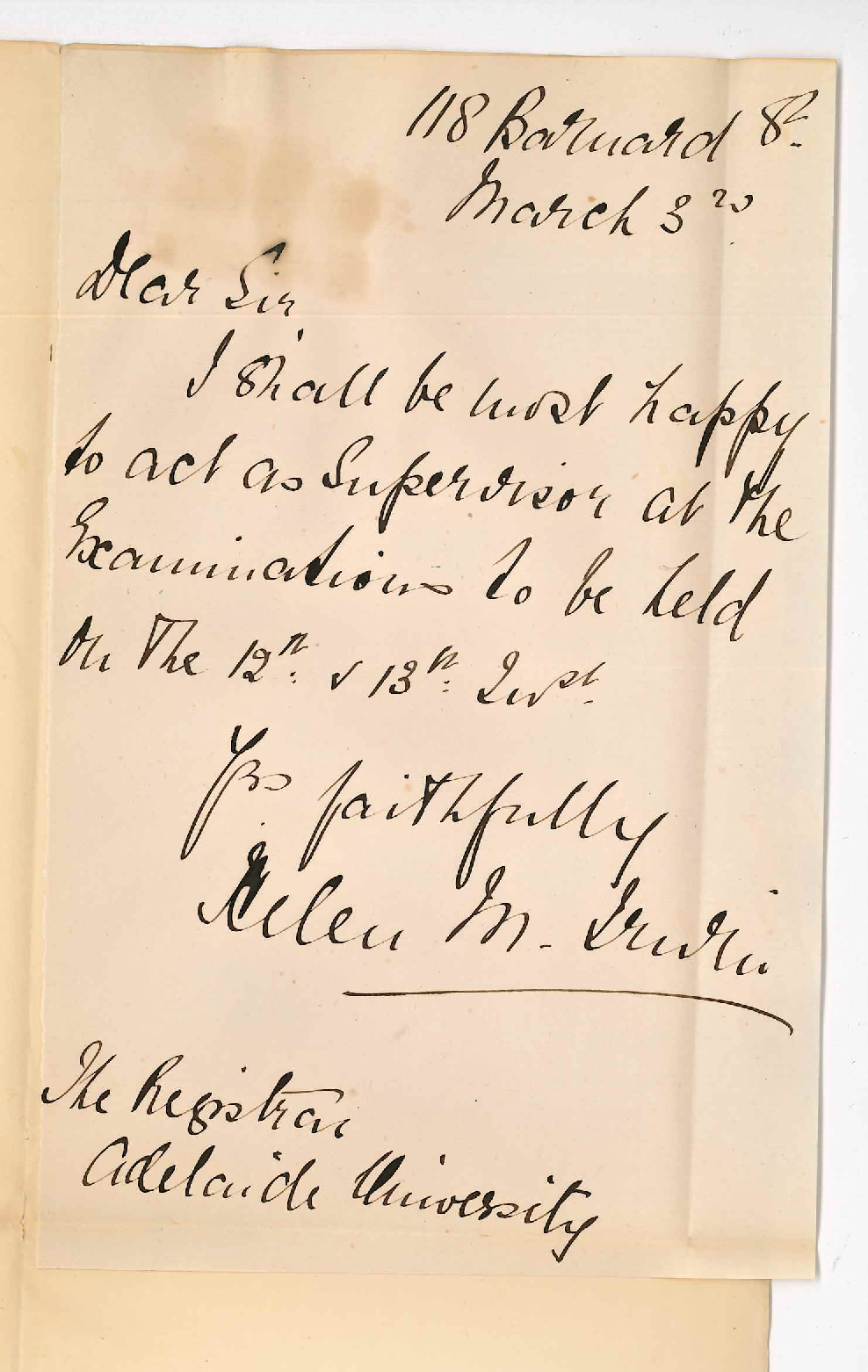 Mrs Helen M Irwin - Barnard Street North Adelaide - Consenting to act as Supervisor at Preliminary Exam