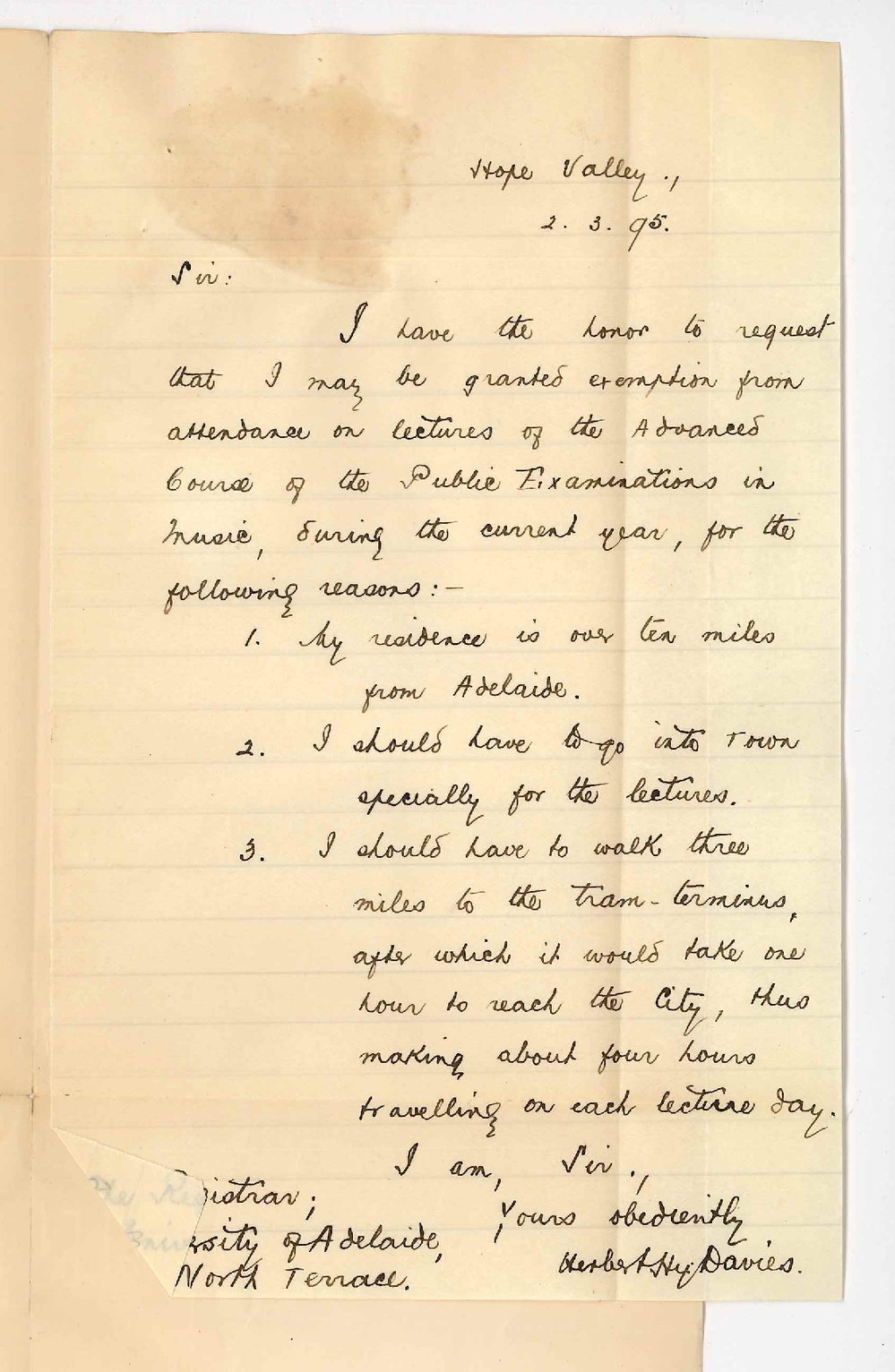 Herbert Henry Davies - Hope Valley - Requesting exemption from attendance on lectures in Music Advanced Course